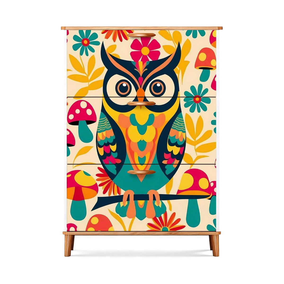 Retro 1970s Owl Mushroom Floral Mid Mod Shoe Storage Cabinet - Mid Century Modern Gal