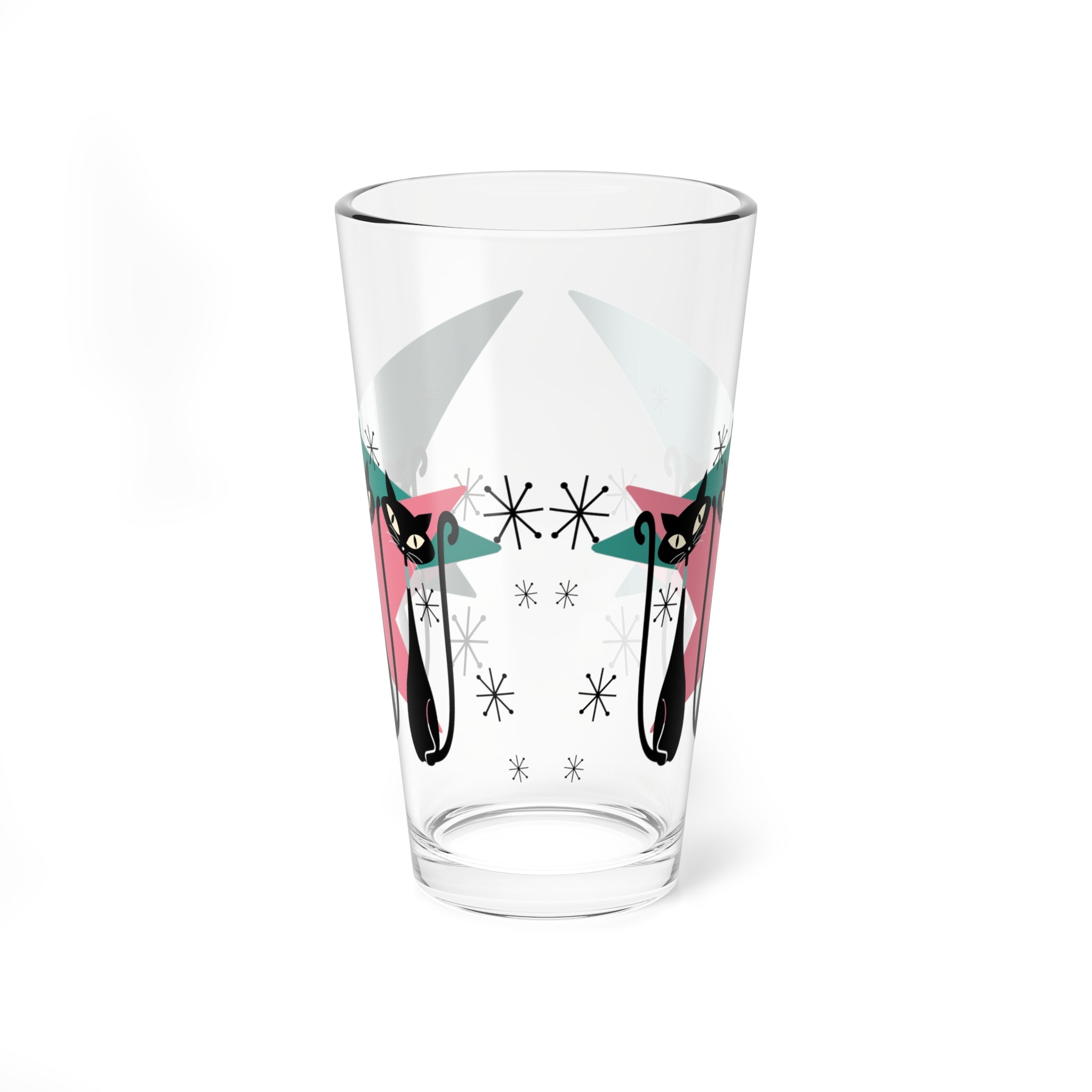 50s Atomic Cats, Kitschy Mid Century Modern Glass, Pink, Teal, Starbursts Shaker, Cocktail, Mocktail MCM Party Drinkware - Mid Century Modern Gal