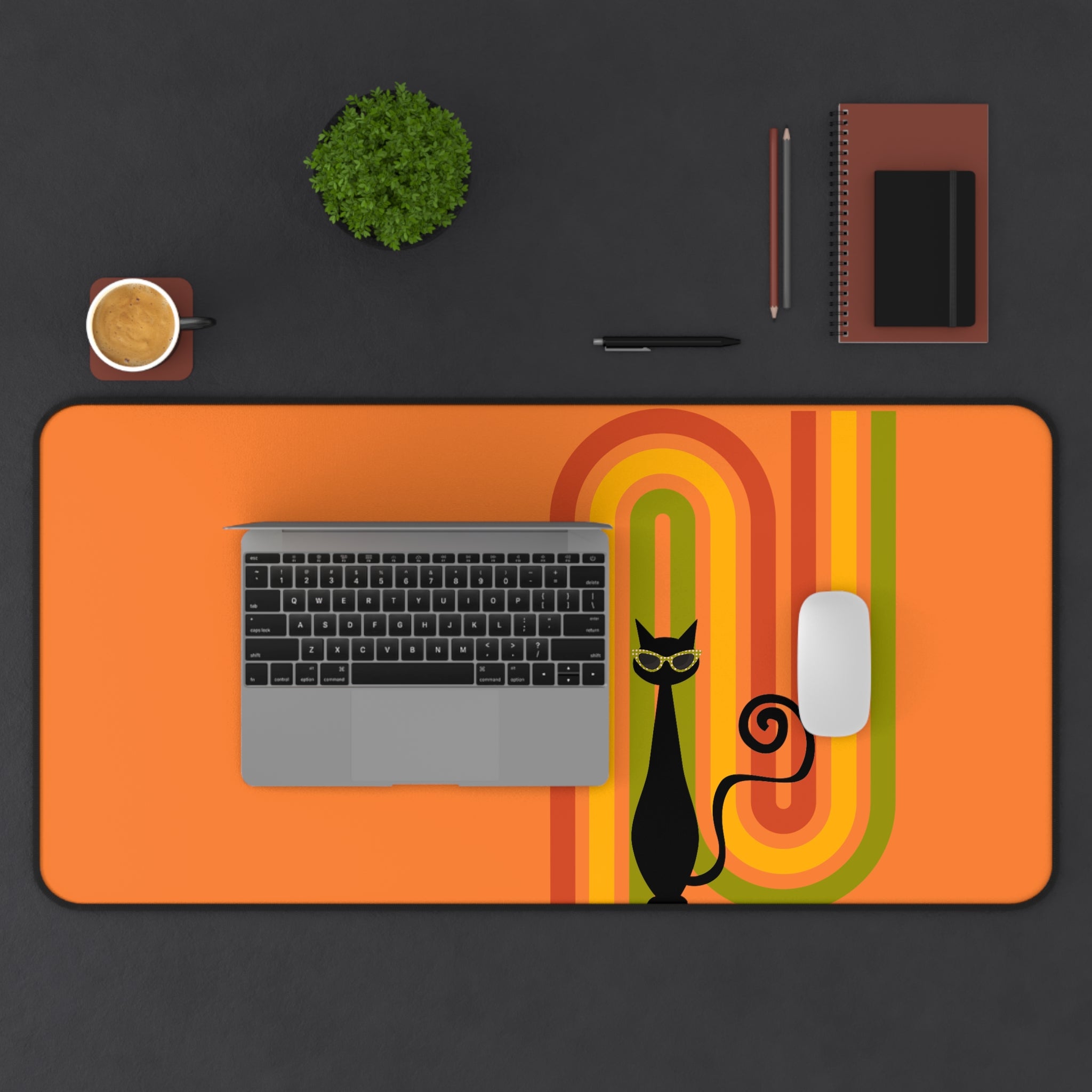 Atomic Cat Retro Orange Groovy Rainbow Mid Century Modern Desk Mat - Mid Century Modern Gal