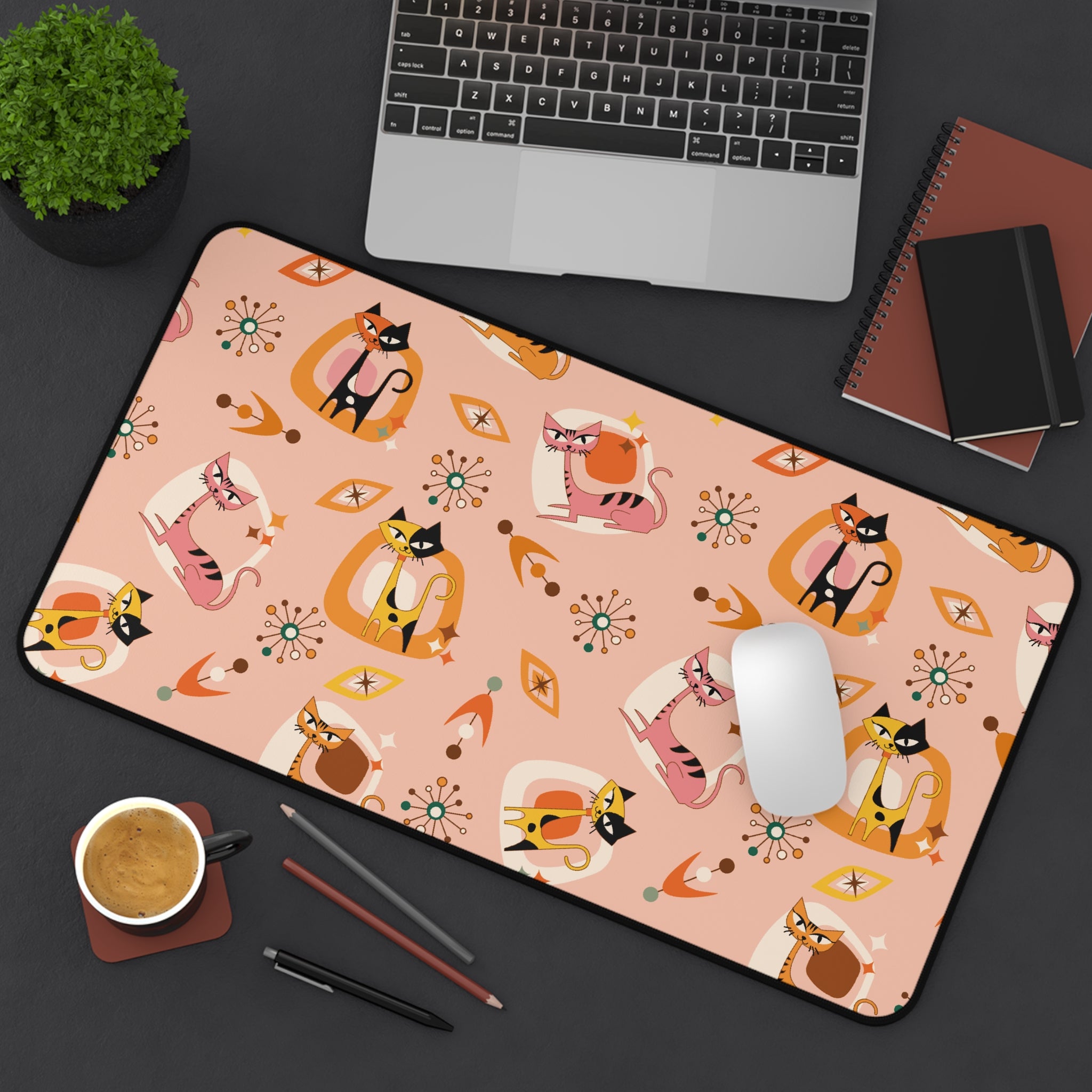 Atomic Cat Desk Mat, Mid Century Modern Office Kitschy Coral Cute Kitties Office Decor - Mid Century Modern Gal