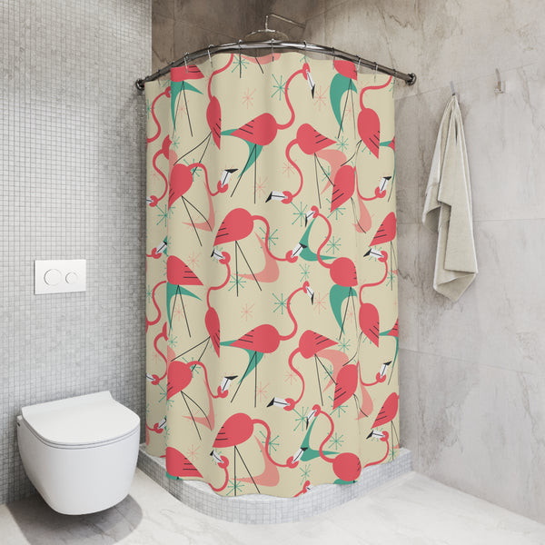 Palm Springs California Kitschy Mod Tropical Flamingo Shower Curtain Retro Summer Vibes