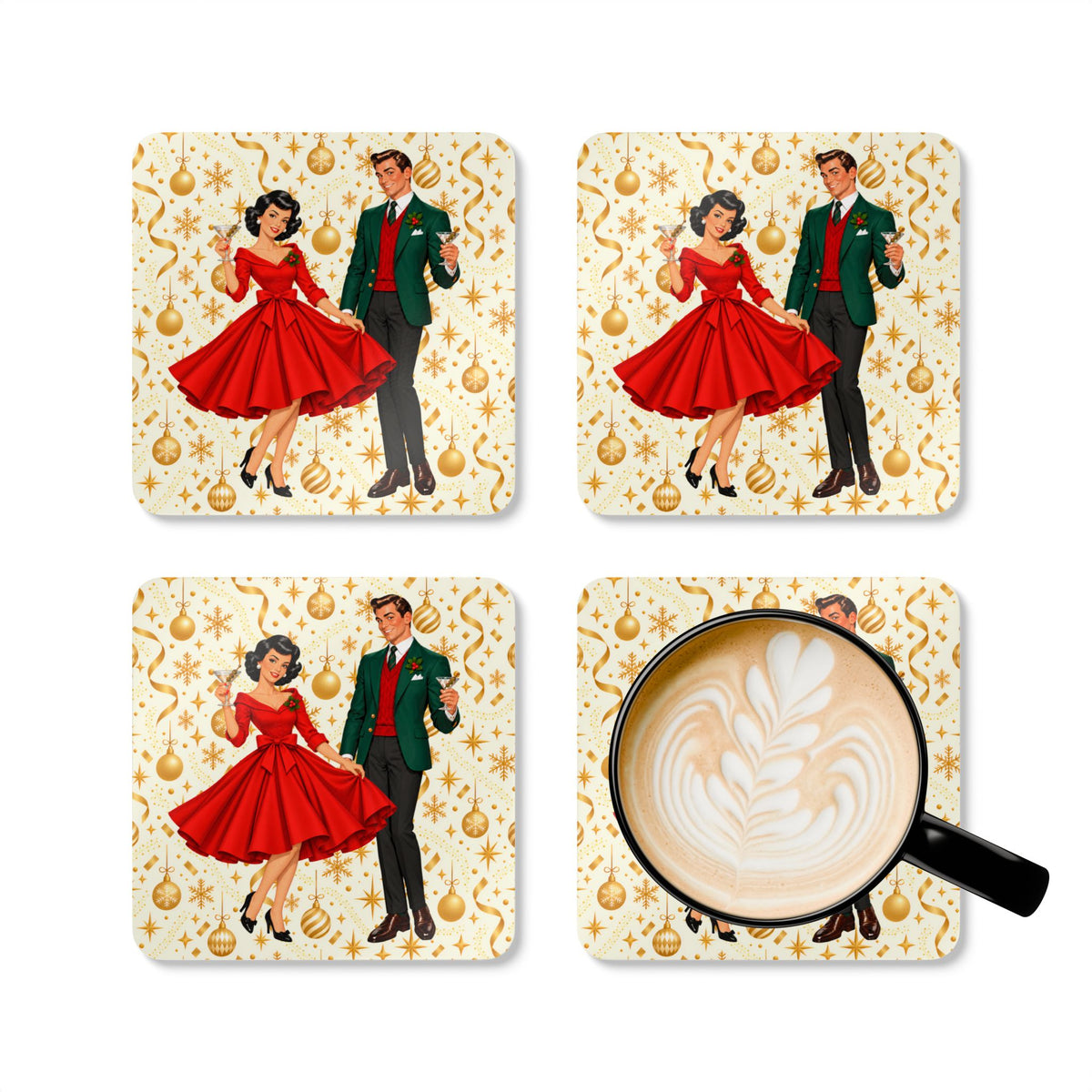 Mid Century Modern Christmas Party Martini Couple Corkwood Coaster Set - Mid Century Modern Gal