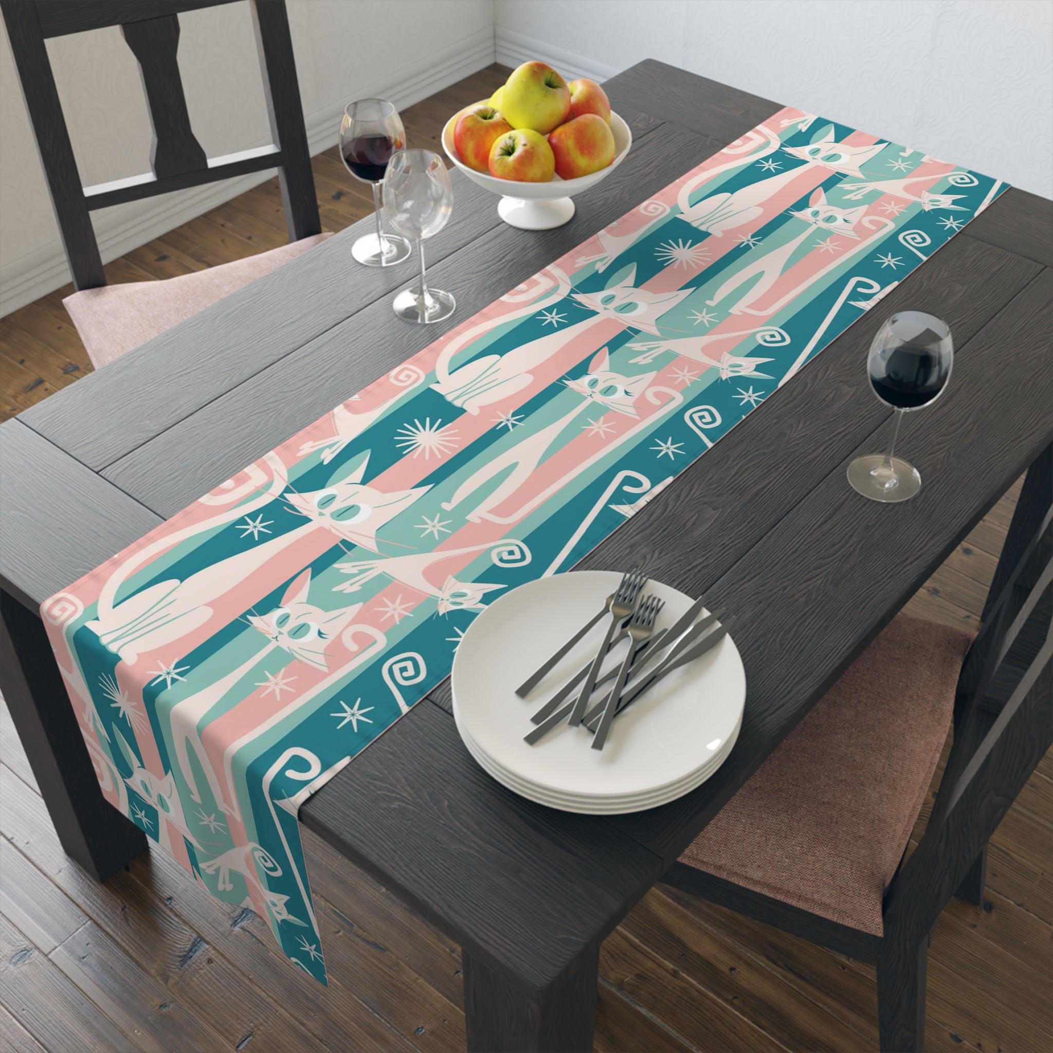 Kitschy Cat Cafe Aqua, Pink Bespoke Home Decor, Mid Century Modern Table Runner - Mid Century Modern Gal