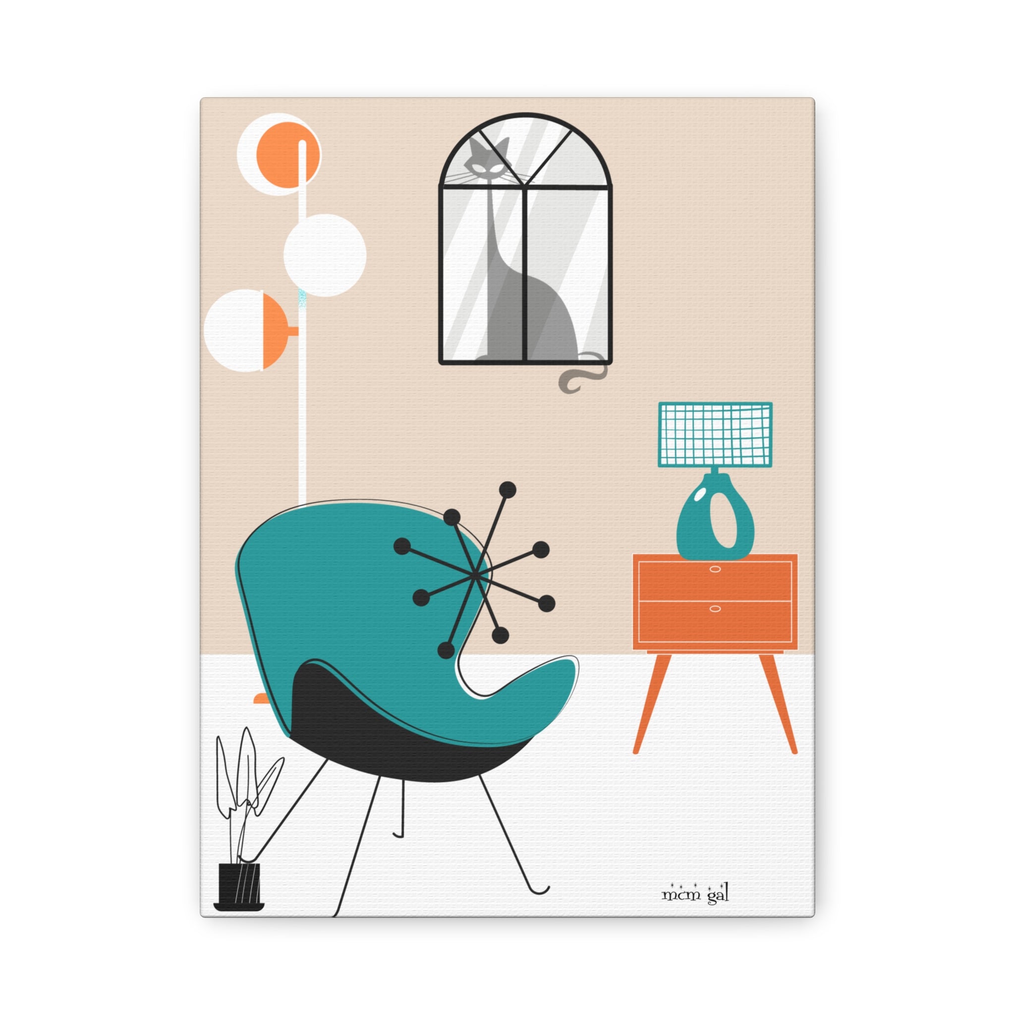 Atomic Cat Wall Art Mid-Century Modern Minimalist Canvas Art Print - Mid Century Modern Gal