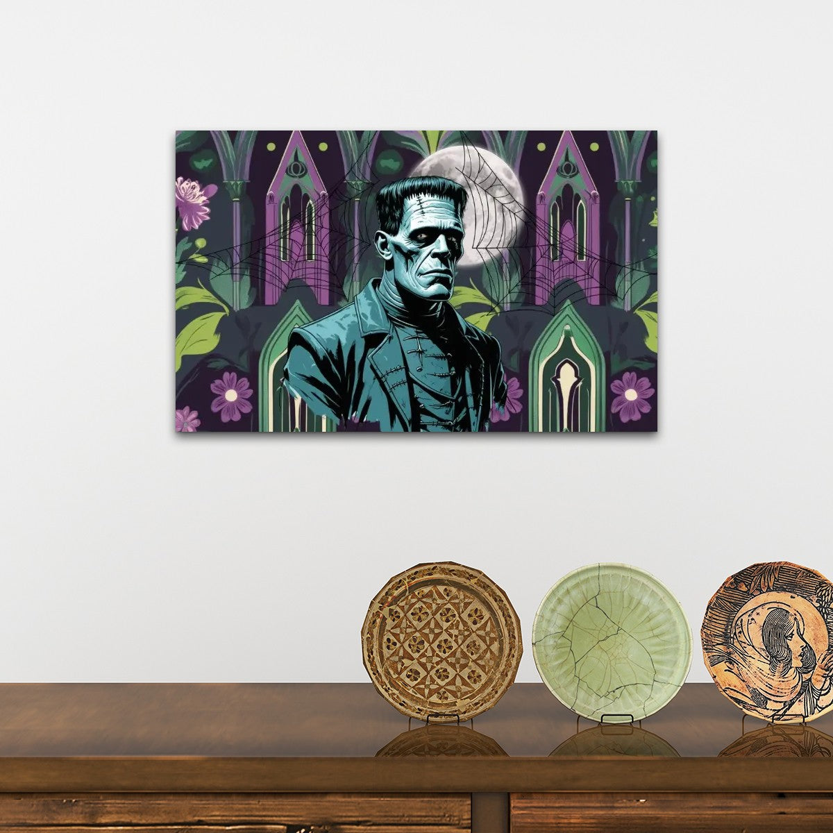 Retro Frankenstein Gothic Mid Mod Wall Art, Purple, Green Spookie Style - Mid Century Modern Gal
