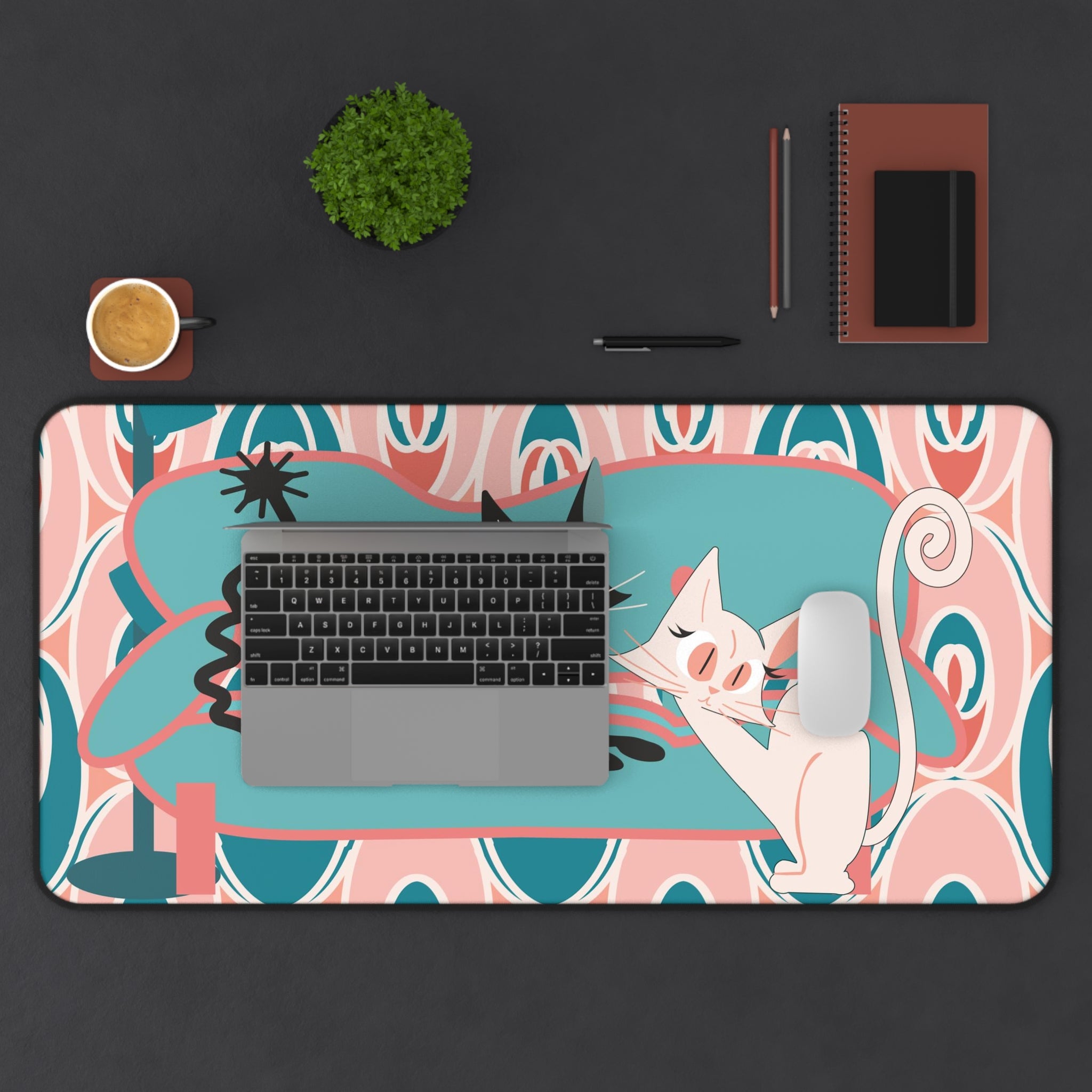 Mid Century Modern Atomic Cat Desk Mat, Pink, Teal, Cute And Kitschy Retro Office Decor - Mid Century Modern Gal