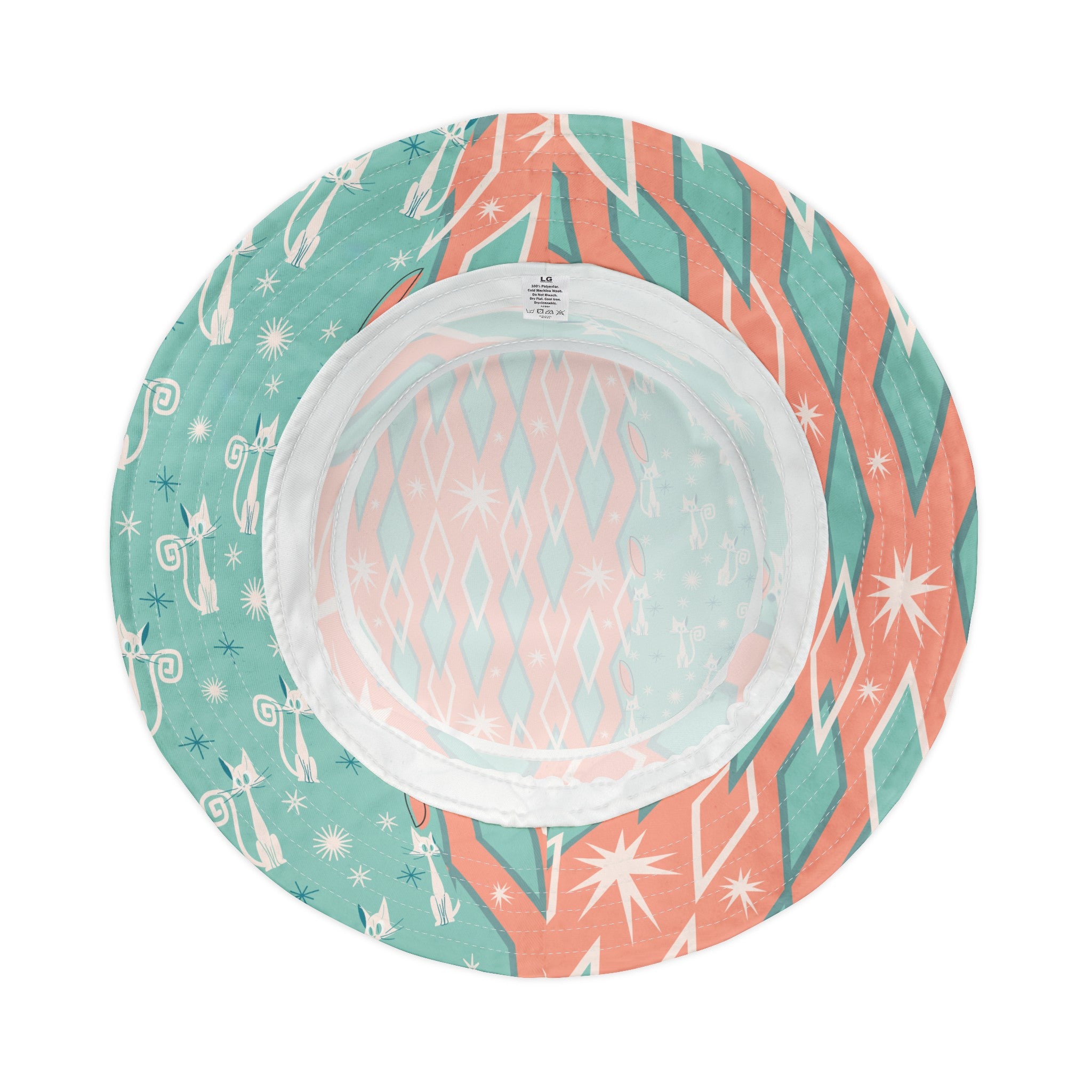 Atomic Kittie Cats, Coral, Aqua, Kitschy Cute Summer Mid Mod Retro Bucket Hat - Mid Century Modern Gal