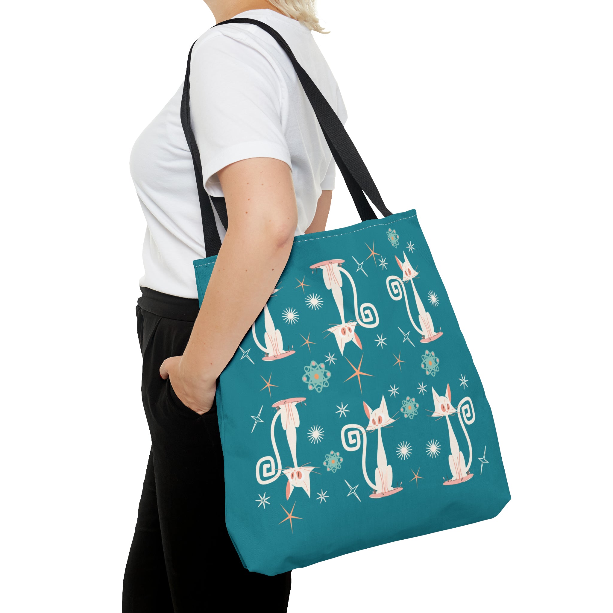 Atomic Kitties, White Kitschy Cats, Coral, Teal, Atomic Age Mid Century Modern Tote Bag - Mid Century Modern Gal