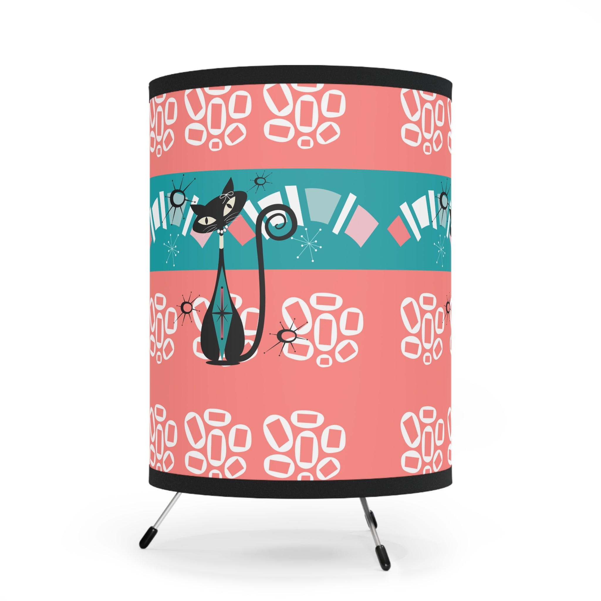 Atomic Cat Kitschy Coral, Teal, Mid Century Modern Tripod Desk, Office, LR, Kitchen Lamp - Mid Century Modern Gal