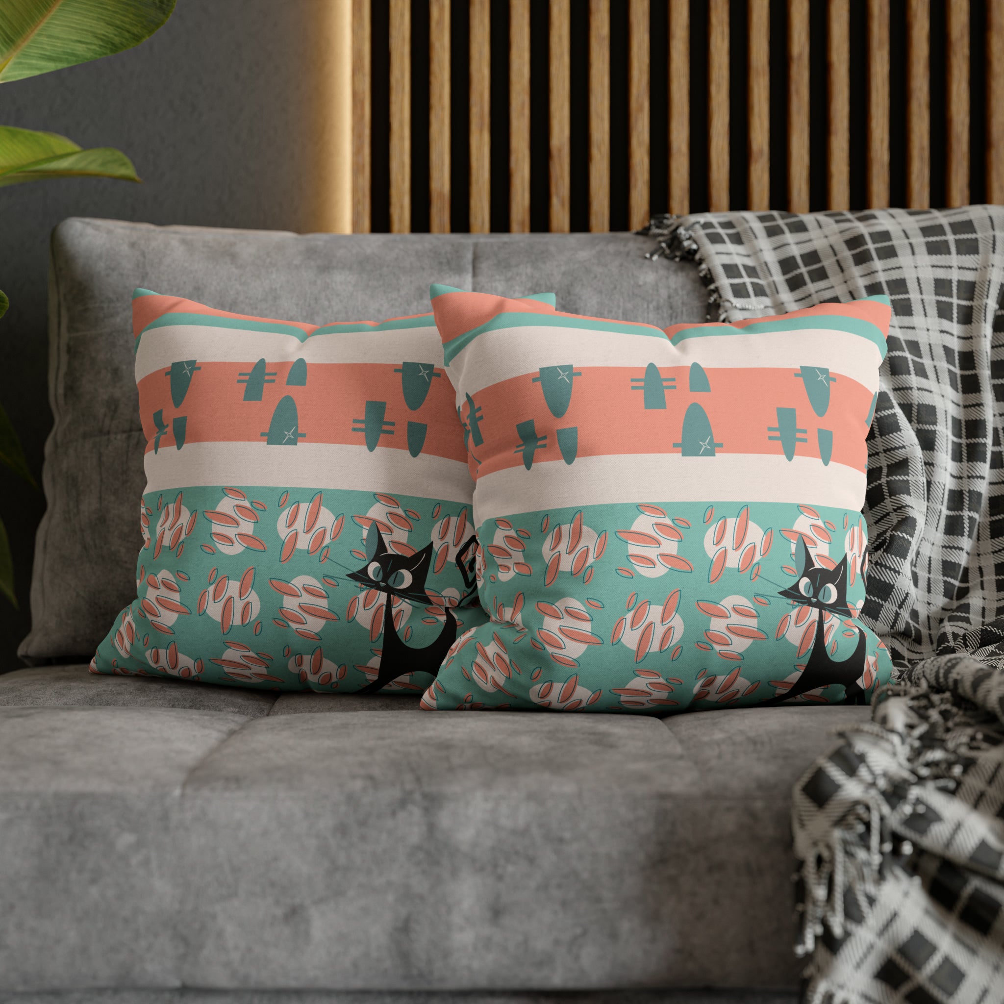 50s Nostalgic Atomic Cat Mid Century Modern Aqua, Coral Pink Peach, Kitschy Mid Century Modern Pillow Cover ONLY - Mid Century Modern Gal