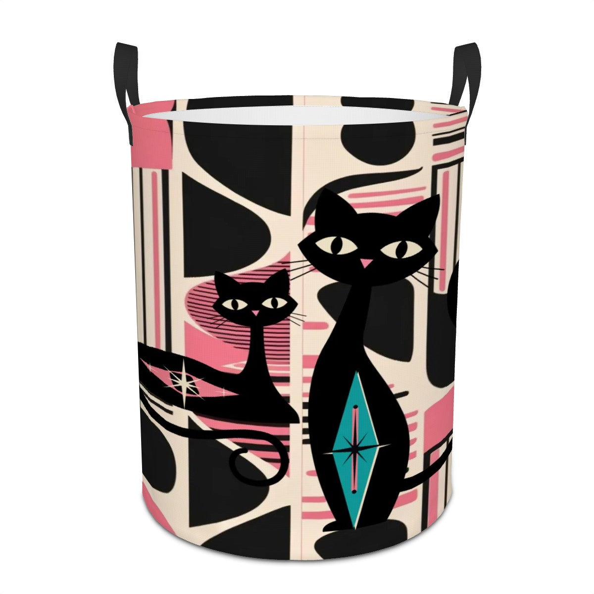 Atomic Cats Kitschy Mod Storage Solution, Organization MCM, Black, Pink, Circular Laundry Basket - Mid Century Modern Gal