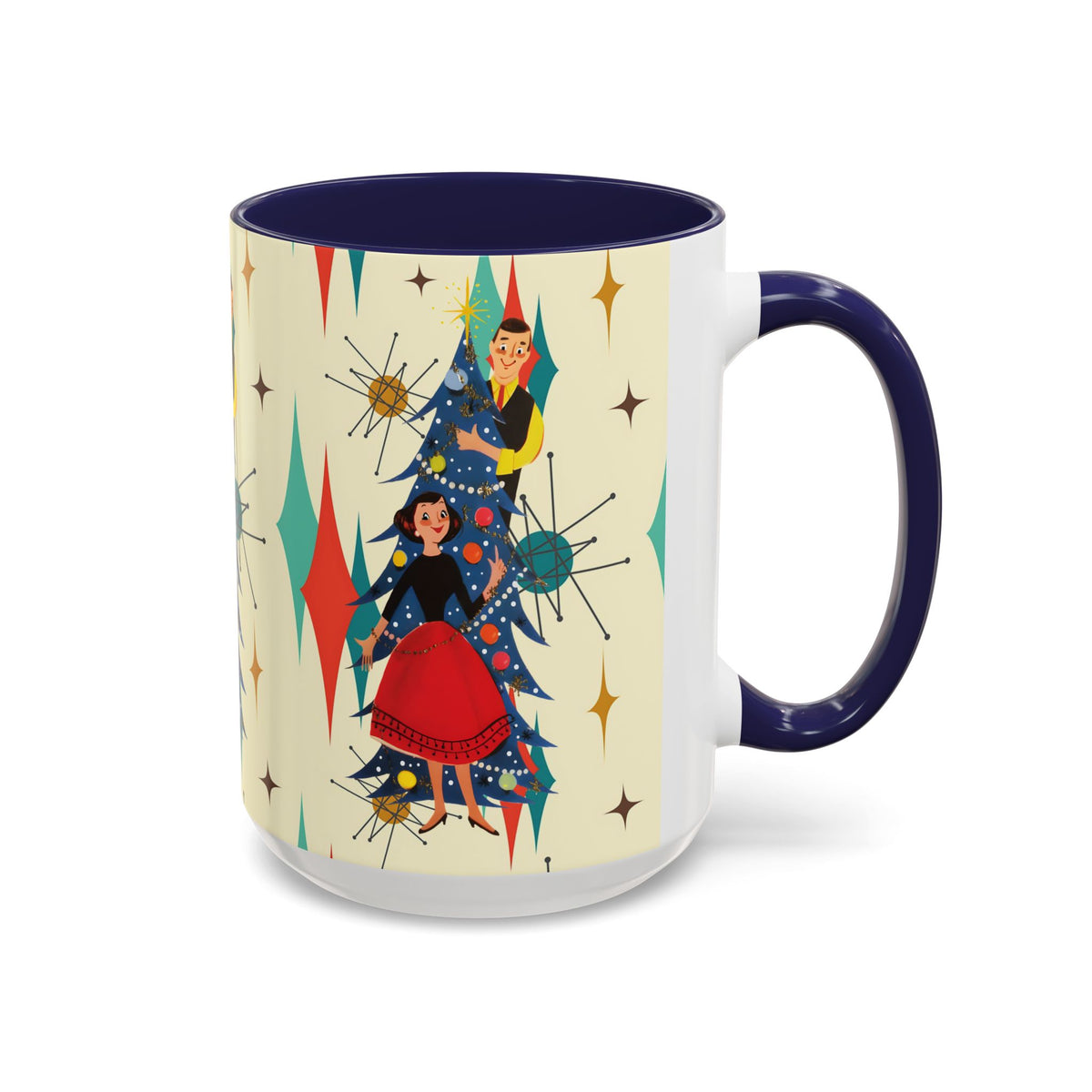 Mid Century Modern 50s Kitsch Christmas starburst coffee mug featuring retro characters and colorful holiday designs.