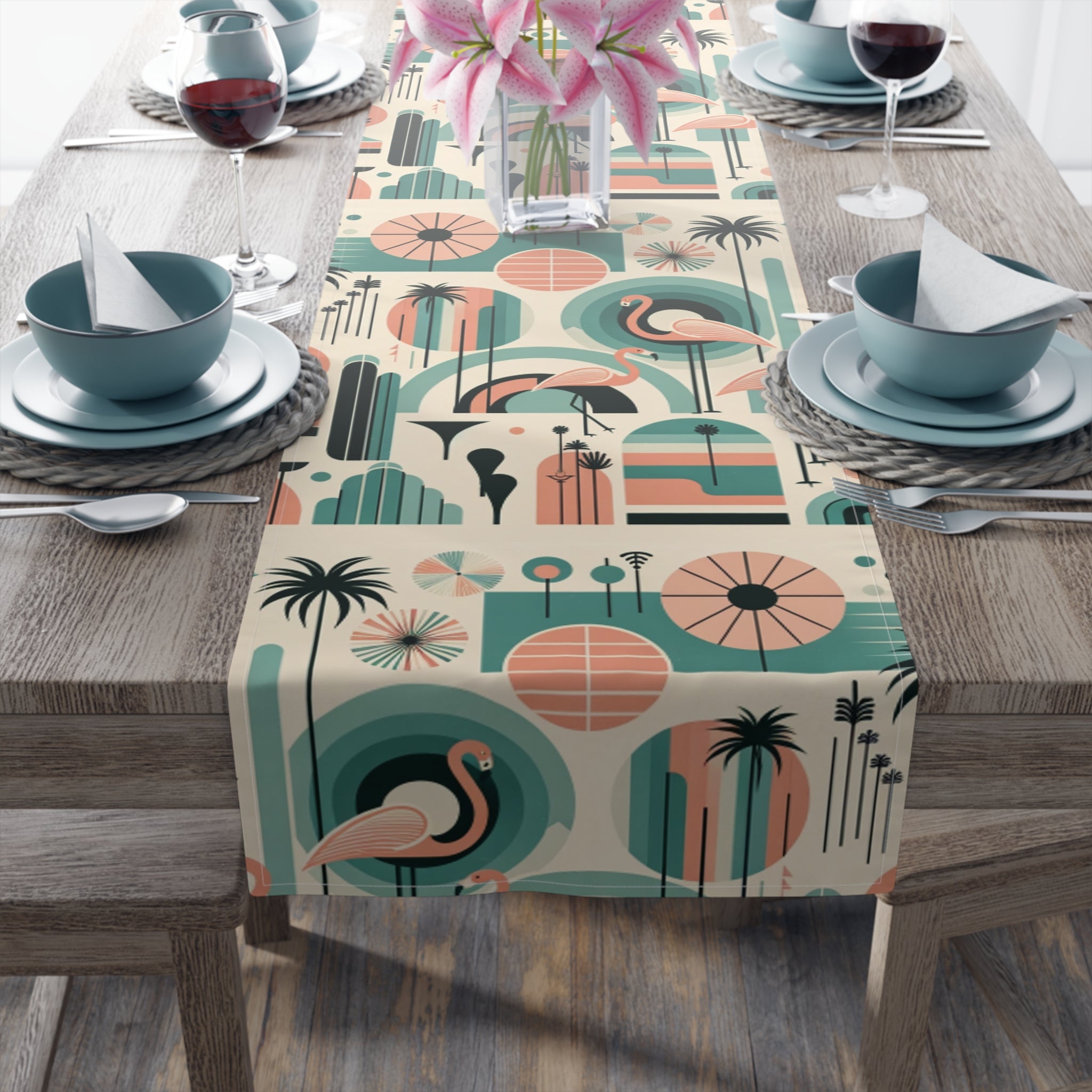 Palm Springs California Flamingo Mid Century Modern Pink, Aqua, MCM Table Runner - Mid Century Modern Gal