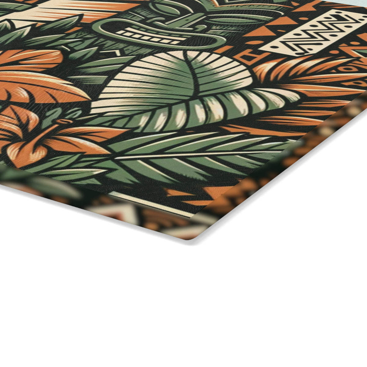 Tiki Idol, Polynesian Design, Green, Orange, Brown, Mid Century Modern Tiki Party Glass Cutting Board - Mid Century Modern Gal