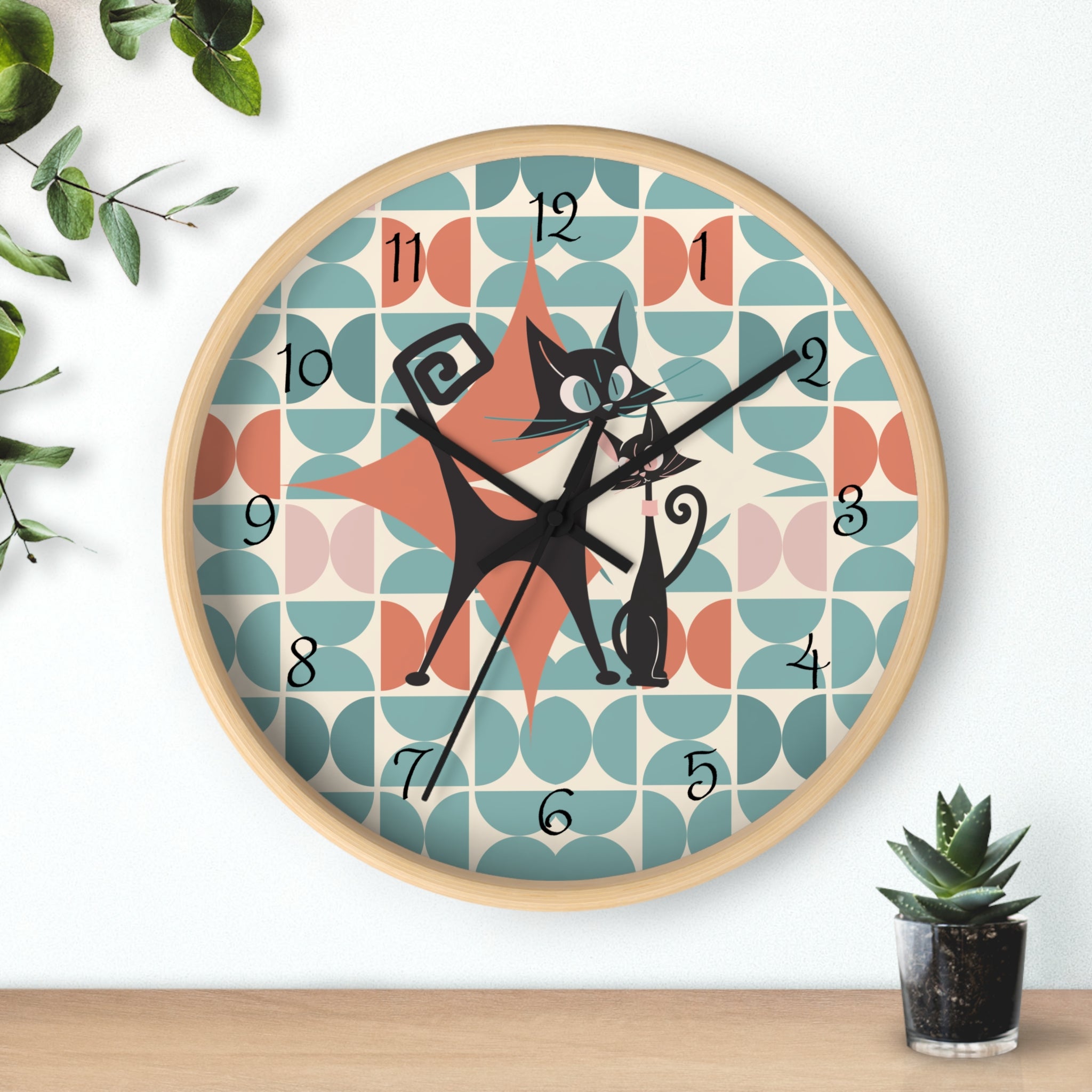 Kitchen Clock, Atomic Cat Retro Mid Century Modern Style With Scandinavian Designed Geometric Shapes, 50s Wall Clock For Cat Lovers - Mid Century Modern Gal