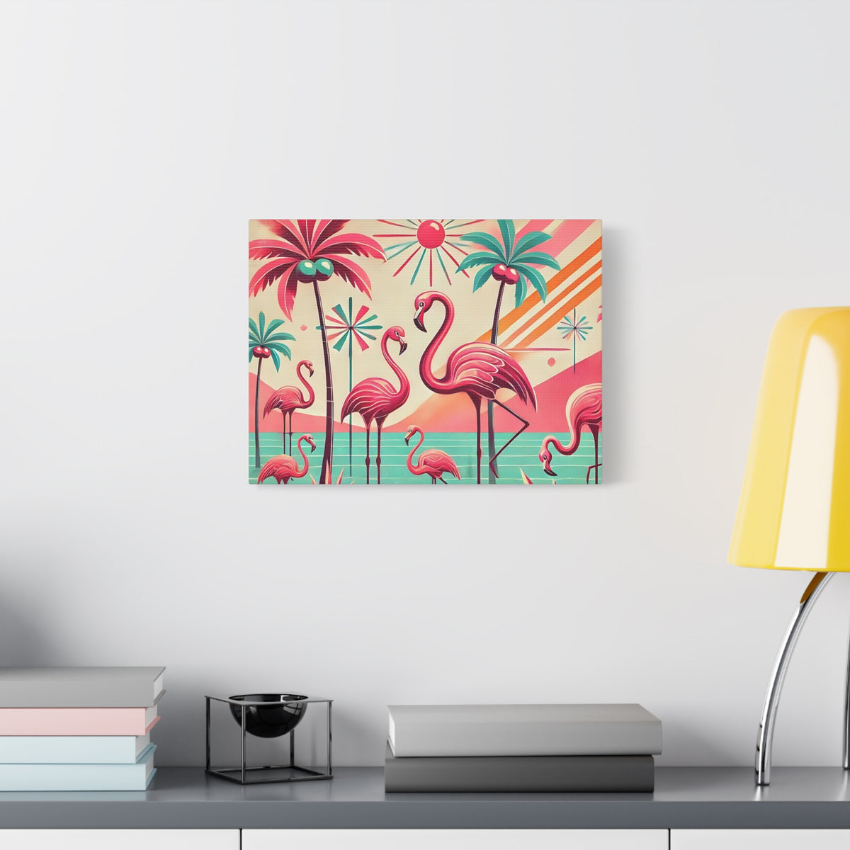 1950s Mid Century Modern Flamingo Art, Kitschy Pink, Teal, MCM Matte Canvas - Mid Century Modern Gal