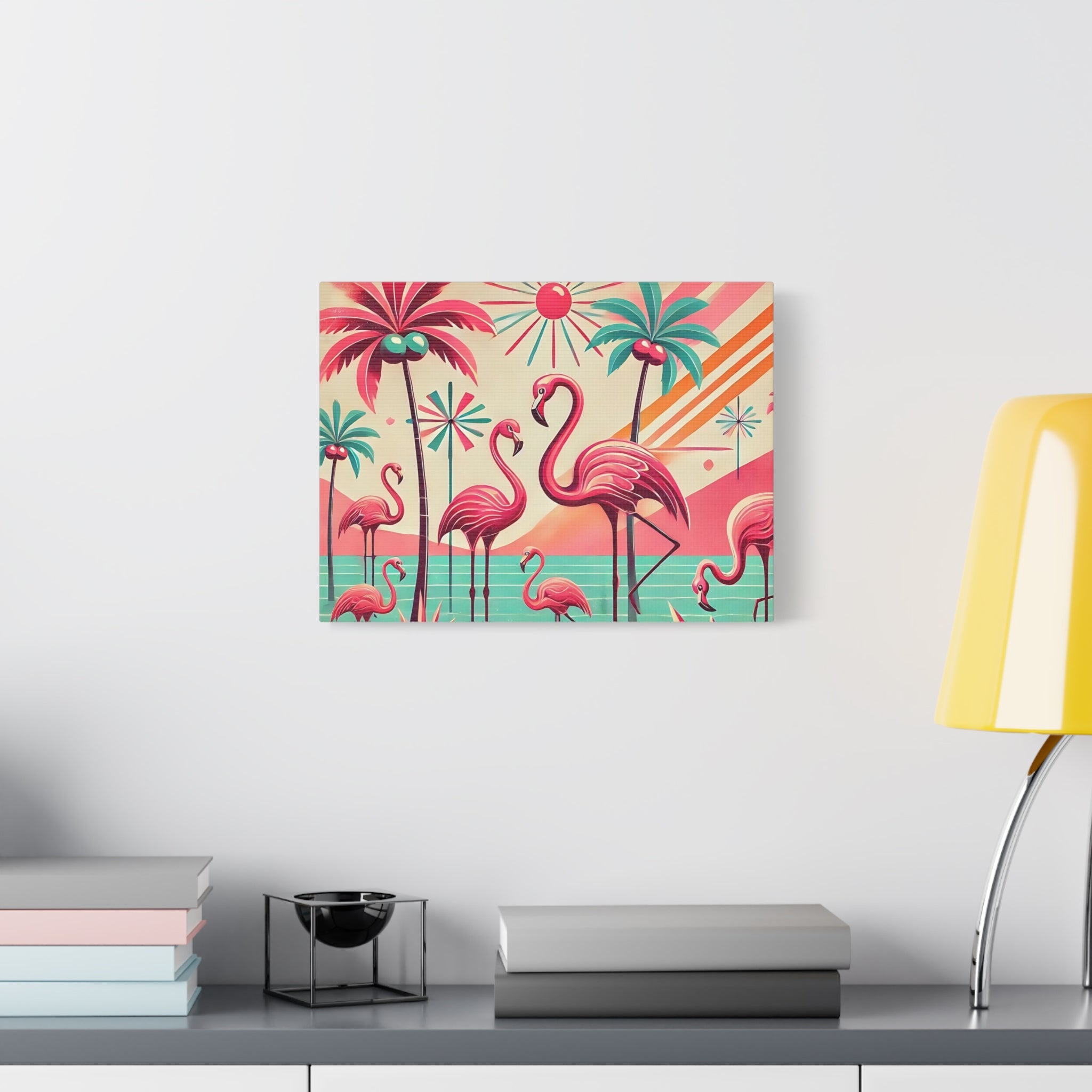 1950s Mid Century Modern Flamingo Art, Kitschy Pink, Teal, MCM Matte Canvas - Mid Century Modern Gal