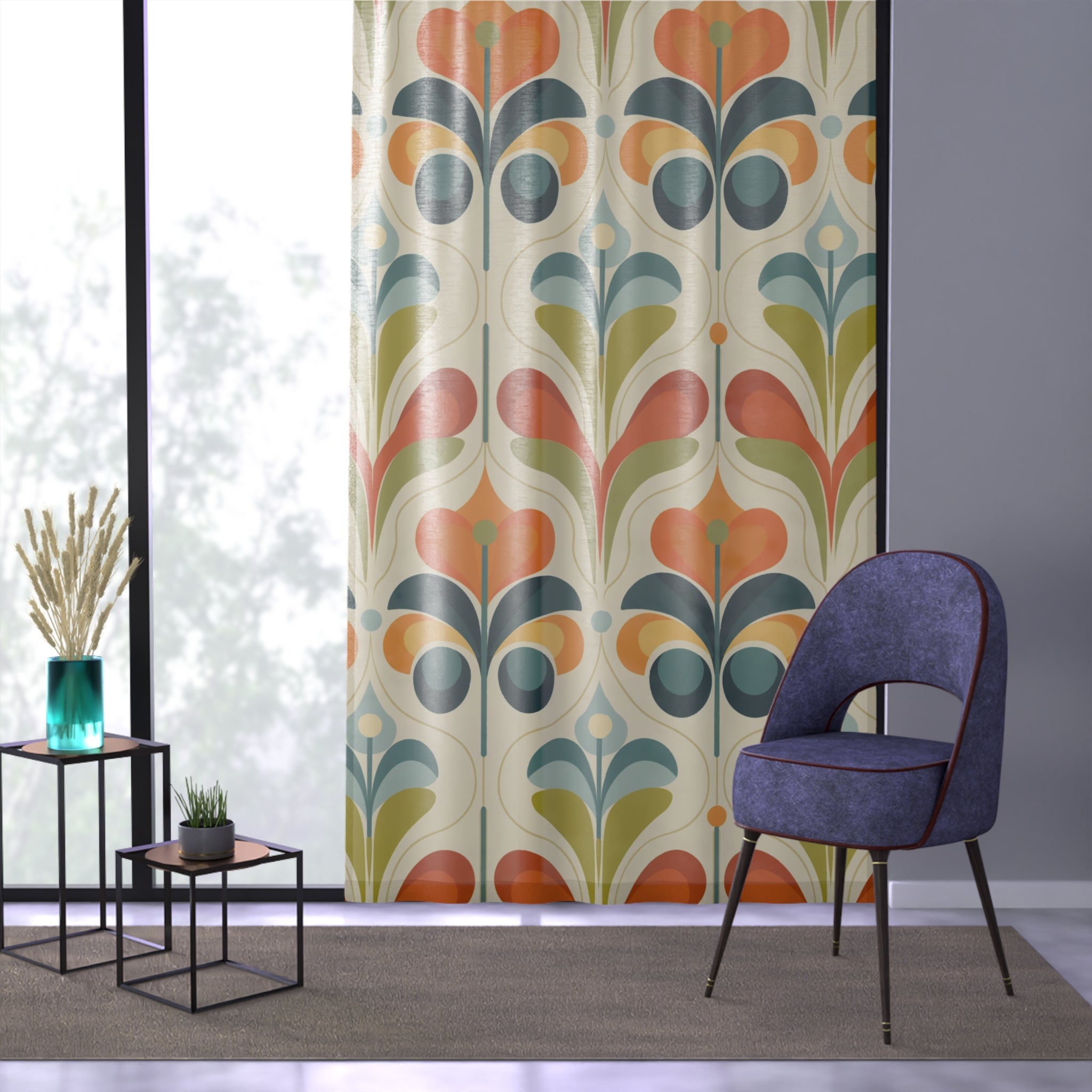 Mid Century Modern Floral Mod Retro Boho Floral Window Curtains – Vibrant Patterned - Mid Century Modern Gal