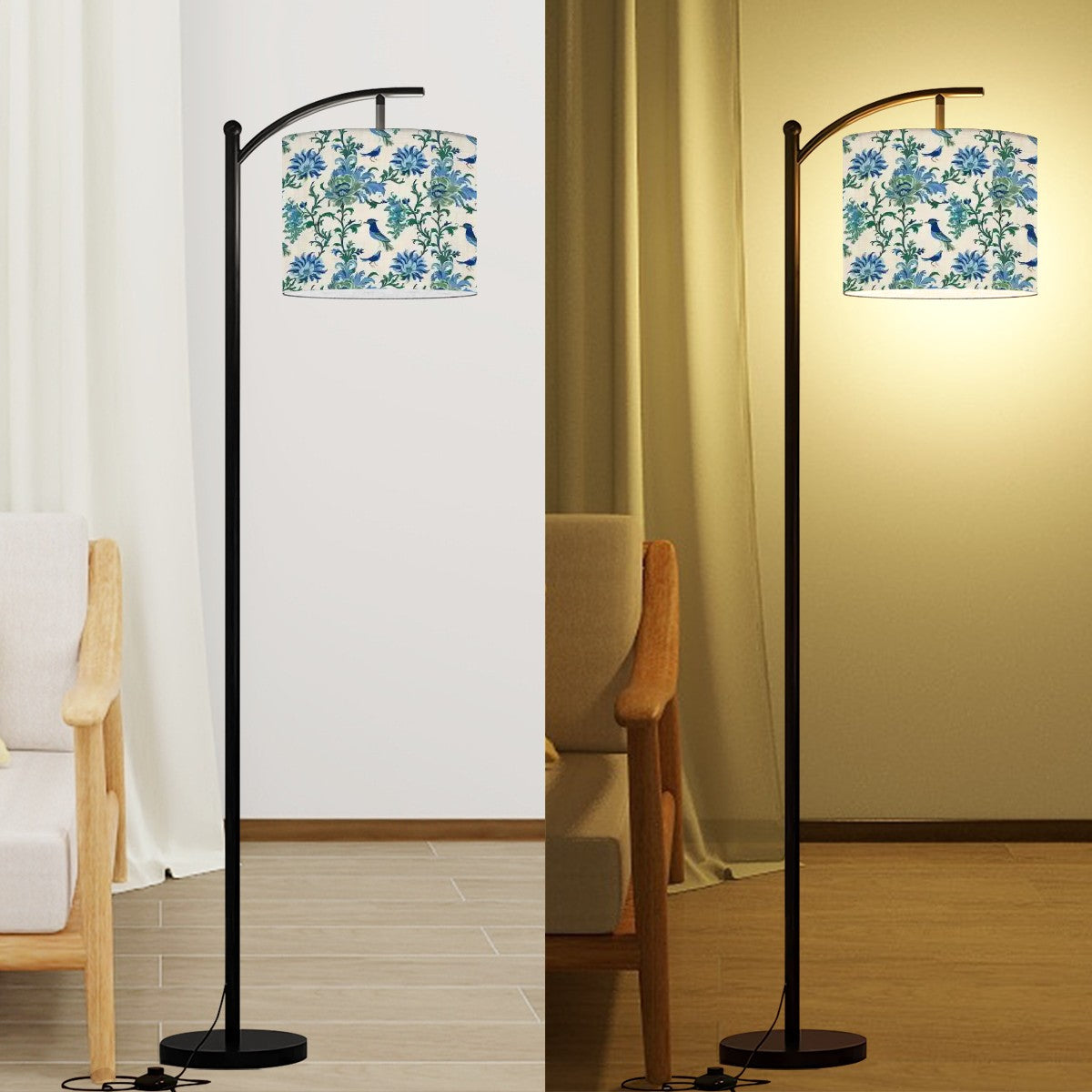 Chinoiserie Botanical Garden Birds, Blue, Green Asian Inspired Modern Arc Floor Lamp - Mid Century Modern Gal