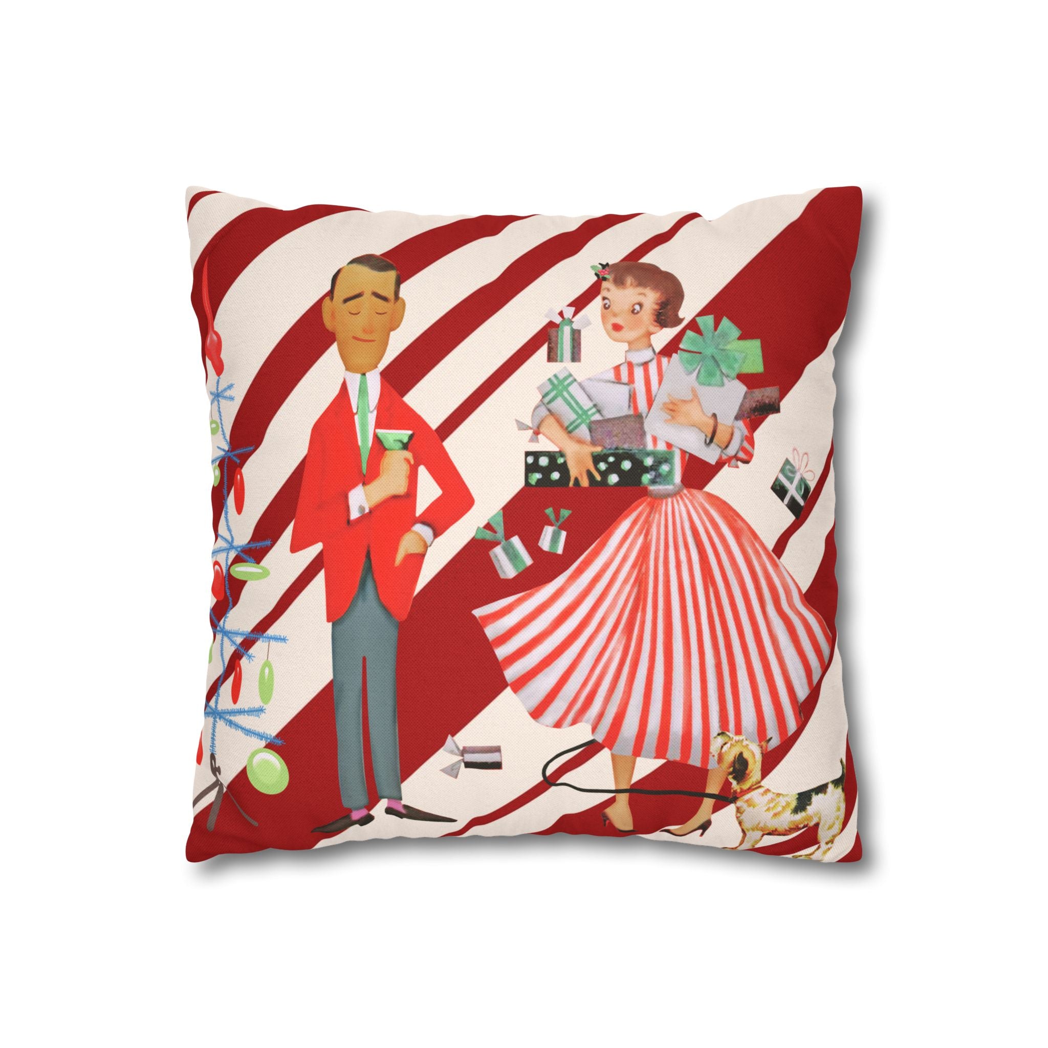 Retro Vintage Christmas Pillow Cover, Red And White Candy Cane Striped, Mid Century Modern Christmas Card Kitschy Holiday Throw - Mid Century Modern Gal