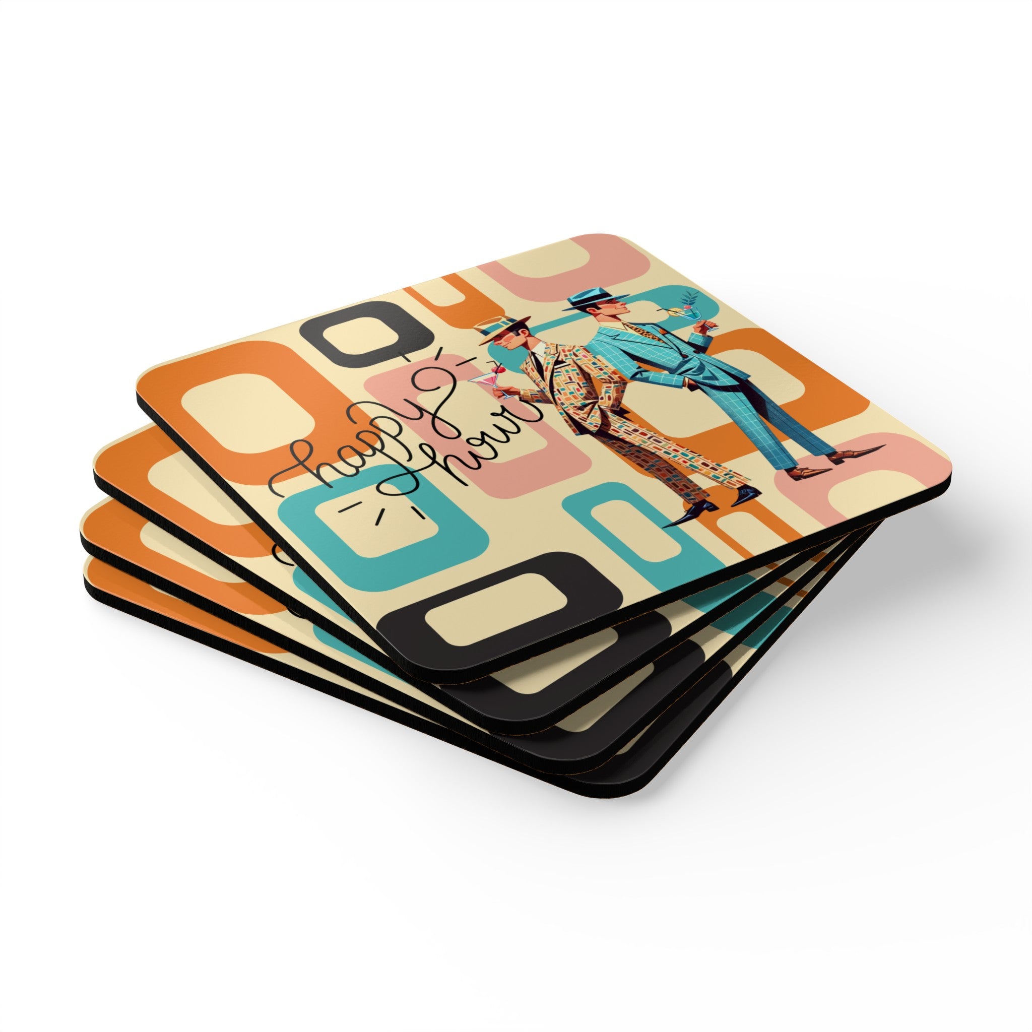 Mid Century Modern Gay Male Pride, Kitschy Fun Happy Hour Tabletop Corkwood Coaster Set - Mid Century Modern Gal