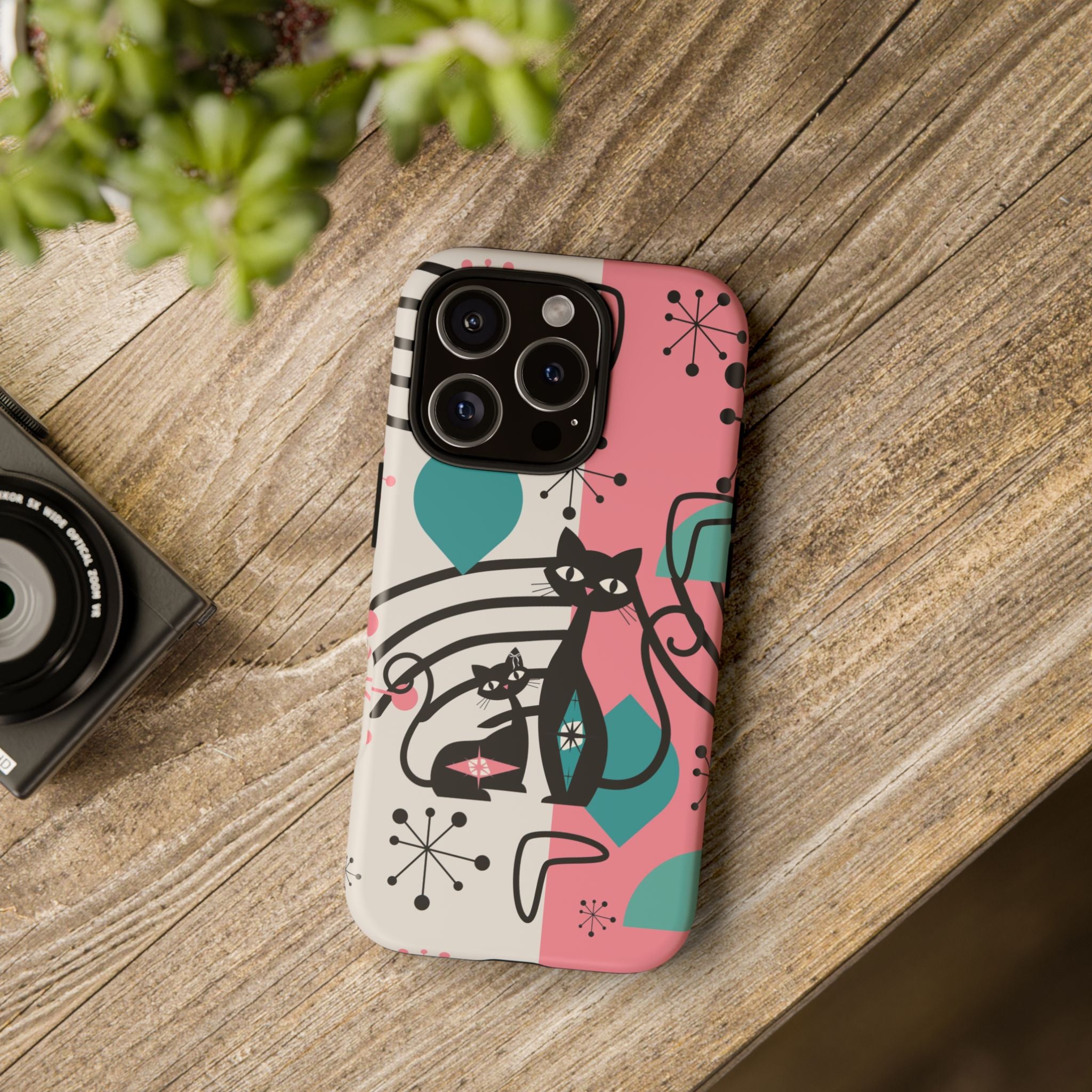 Mid Mod Atomic Cat Boomerang Starburst, Pink, Black Kitschy Stylish Cat Phone Case: Modern Design for Cat Lovers