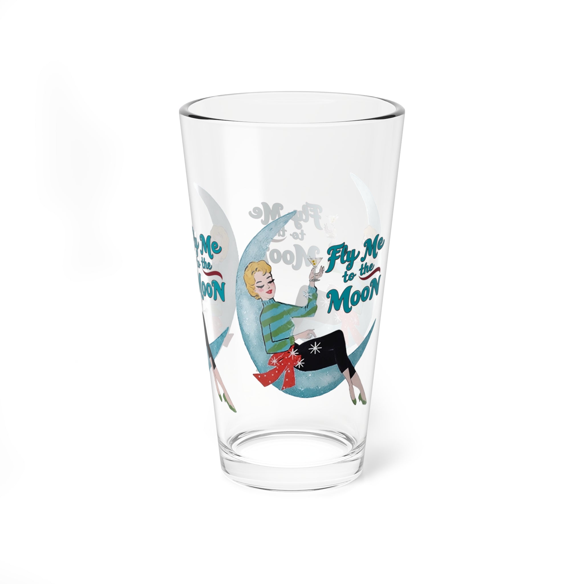 Mid Century Modern Christmas Kitsch Retro Mixing Glass - "Fly Me to the Moon" - 16oz Holiday Cocktail Cup - Mid Century Modern Gal