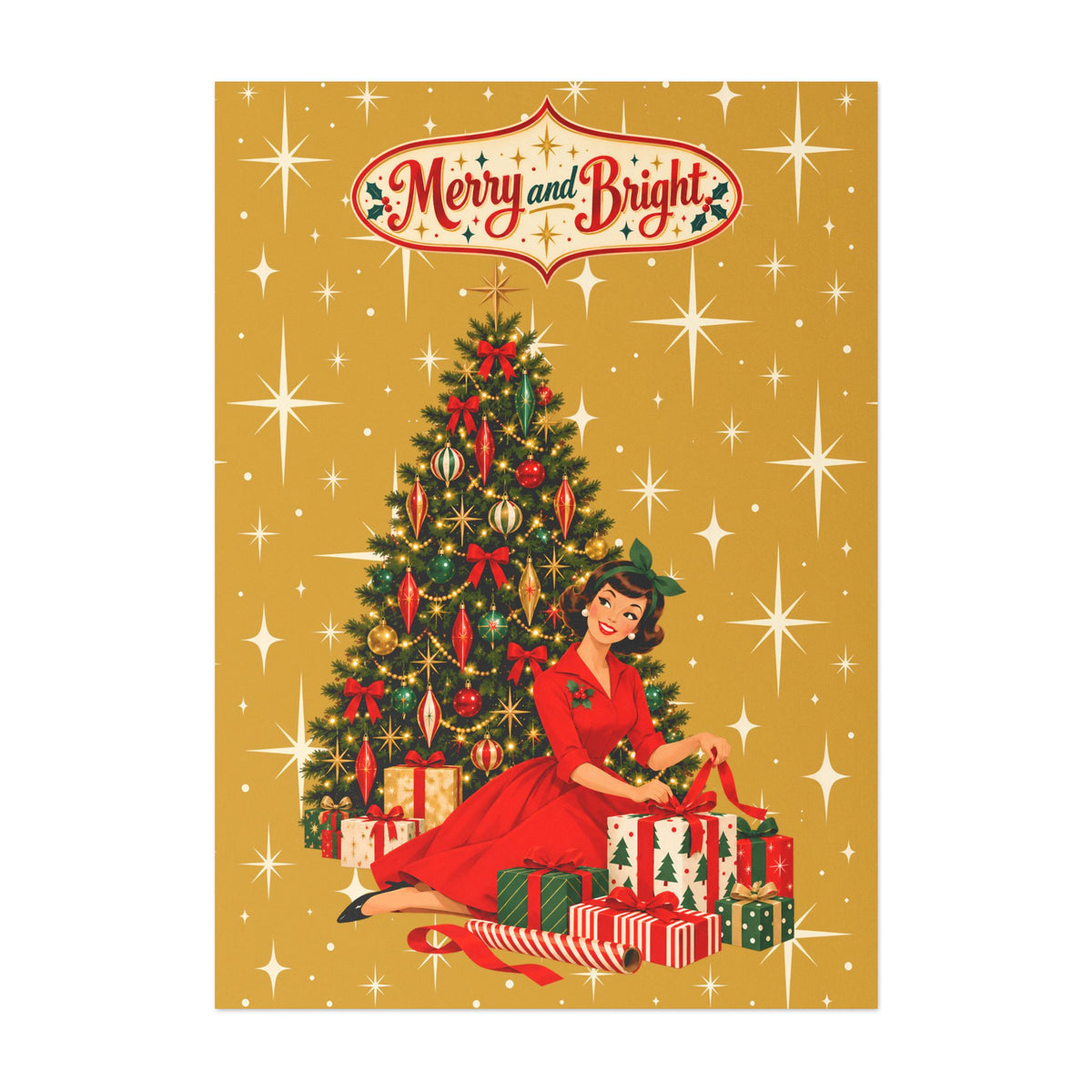 Mid Century Modern Christmas Glamour Gal Wrapping Presents by Tree, Gold Atomic Starbursts Flat Postcard Style Christmas Greeting Cards