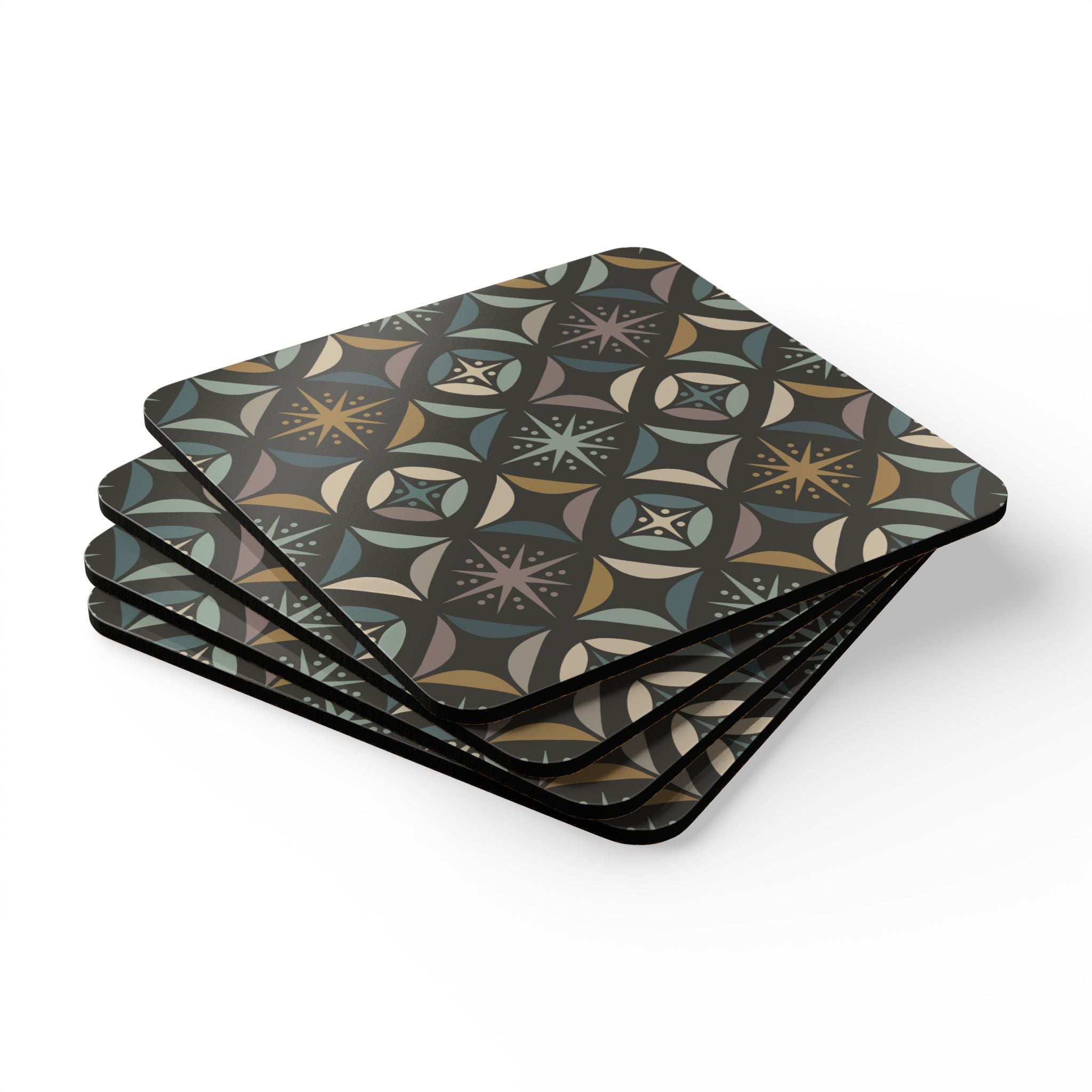 Mid Century Modern Elegant Gray Geometric Starburst Corkwood Coaster Set - Mid Century Modern Gal