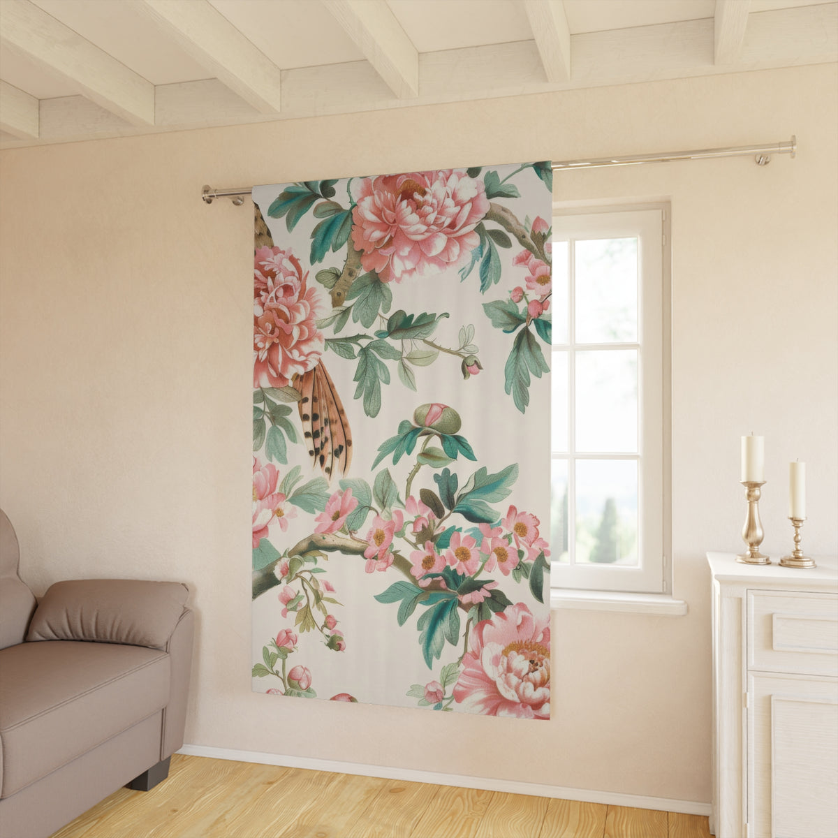 Chinoiserie Window Curtains Floral Pink Cream Green Blackout Window Curtains (1 Piece) - Mid Century Modern Gal