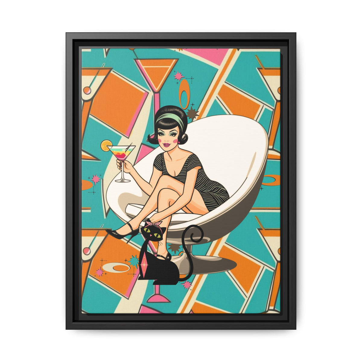 Mid Mod 60s Gal, Atomic Cat Barware Wall Art - Framed Matte Canvas with Vintage Cocktail And Retro Cat Design - Mid Century Modern Gal
