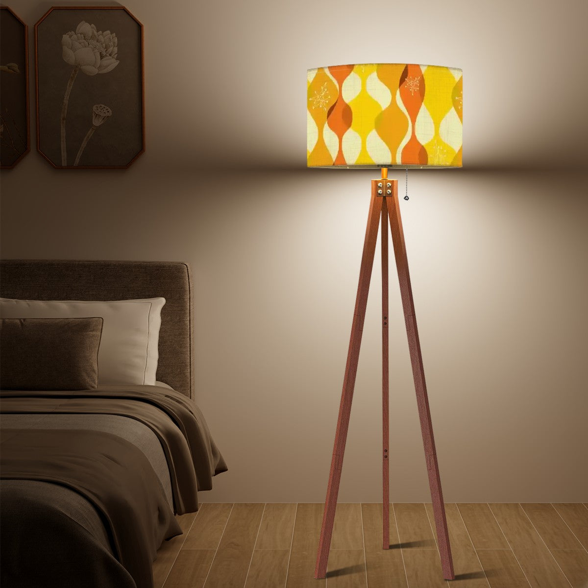 Mid Century Modern Orange, Yellow Starburst Retro Tripod Floor Lamp - Mid Century Modern Gal