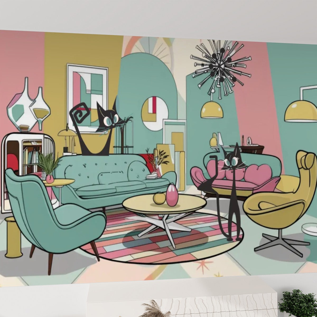Mid Century Modern Peel And Stick Kitschy Mod Lounging Cats Canvas Self Adhesive Wallpaper - Mid Century Modern Gal