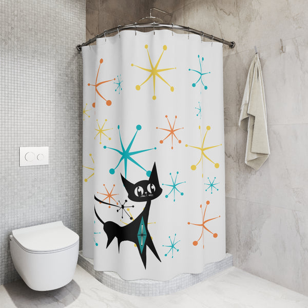 Atomic Cat Starbursts Atomic Mid Mod Colorful Retro Cat Shower Curtain - Fun Bathroom Decor