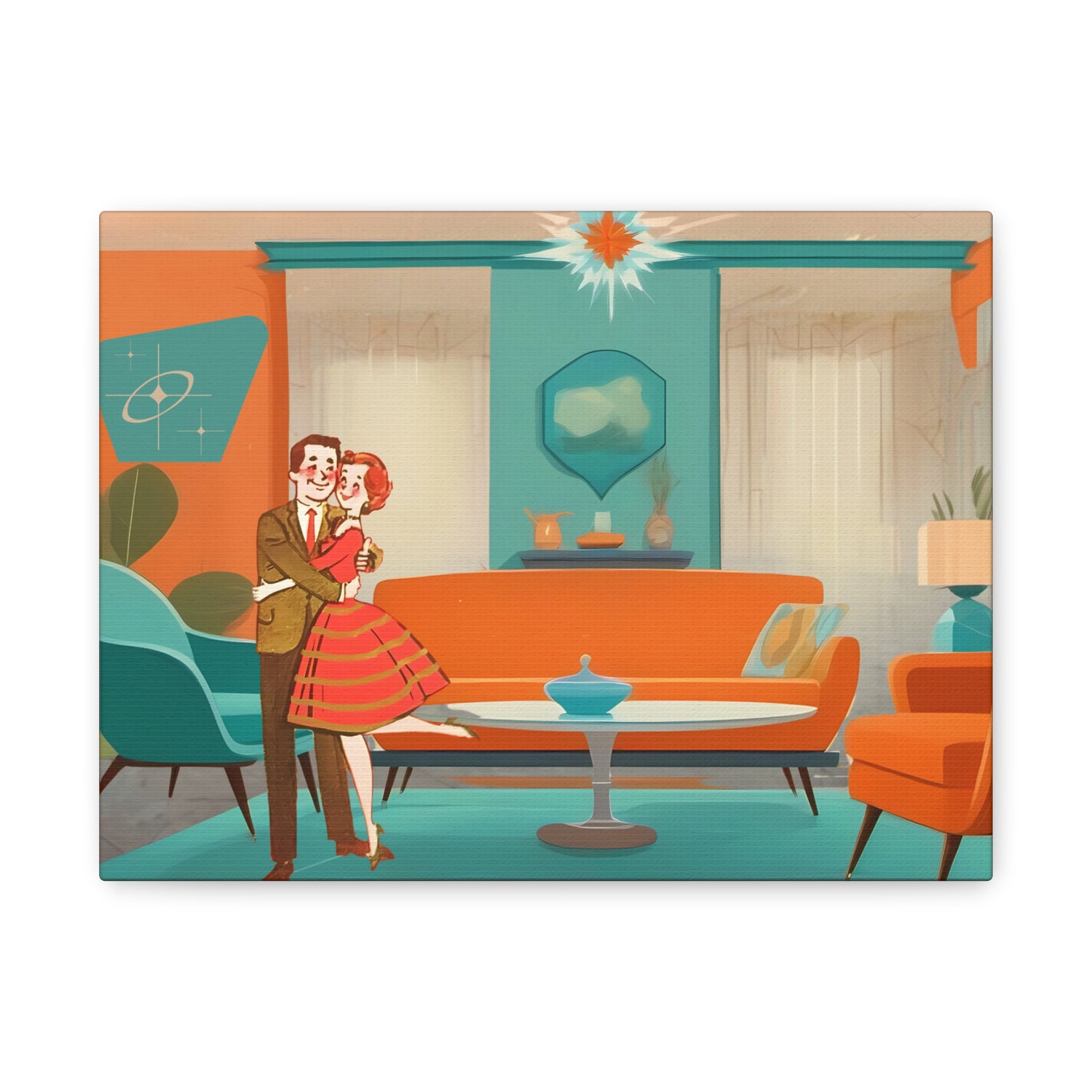 Mid Century Modern Wall Art, 50s Couple, Orange Teal, Mod Retro Wall Art - Mid Century Modern Gal