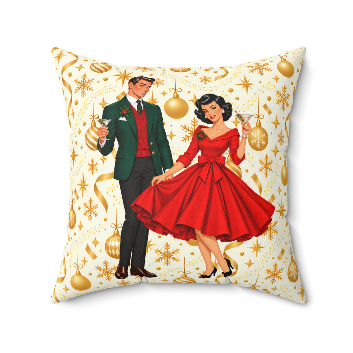Mid Century Modern Christmas Party Martini Couple Pillow Insert and Cover