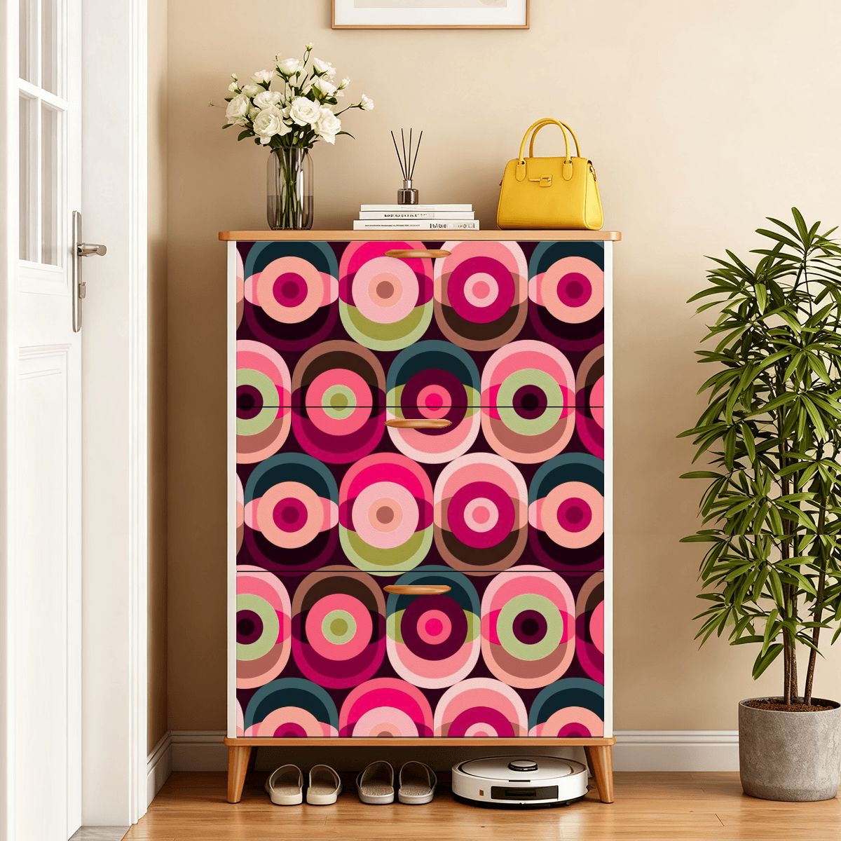 Mid Century Modern Groovy Mod Orbs, Pink, Green, Blue Retro Shoe Storage Cabinet - Mid Century Modern Gal