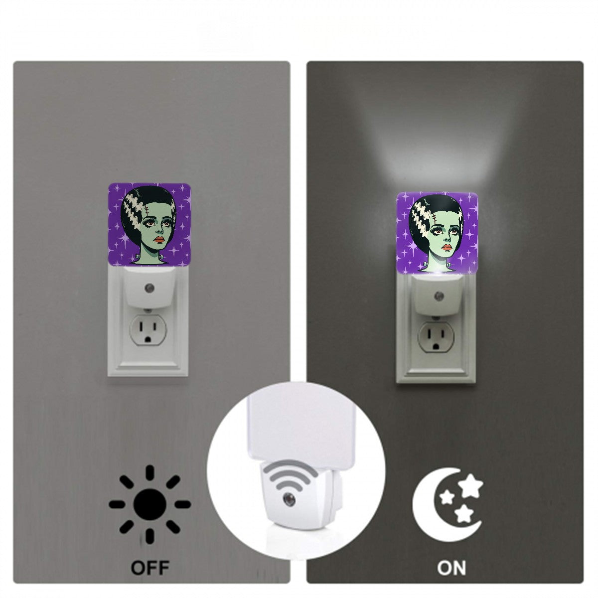 Bride of Frankenstein Retro Mid Mod Horror Buff Purple Halloween LED Night Light Set of 2 - Mid Century Modern Gal