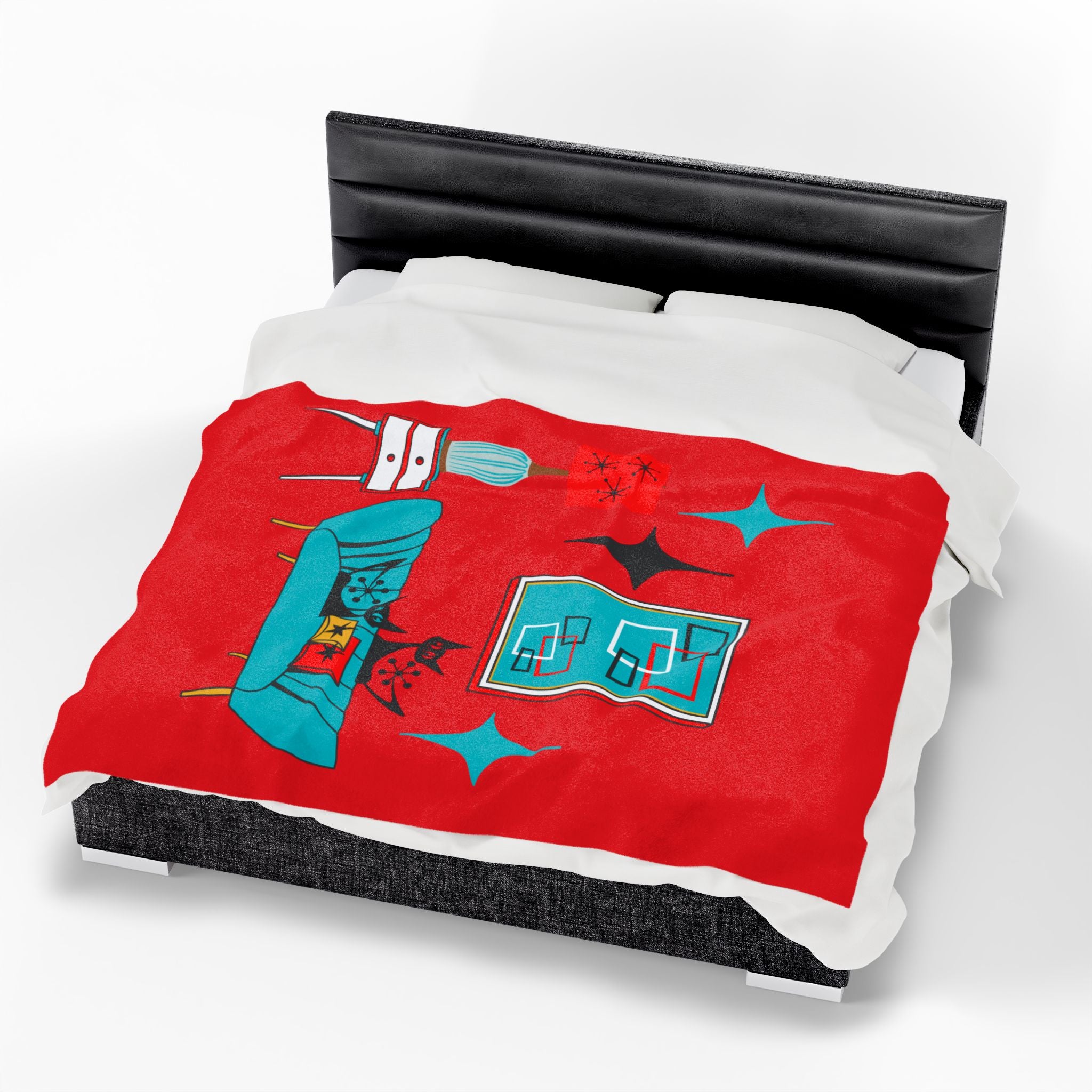 Atomic Cat Art, Cozy Mid Century Modern, Retro Red, Aqua Blue, Teal, Starburst, Black Cat Lover Sherpa Blanket - Mid Century Modern Gal