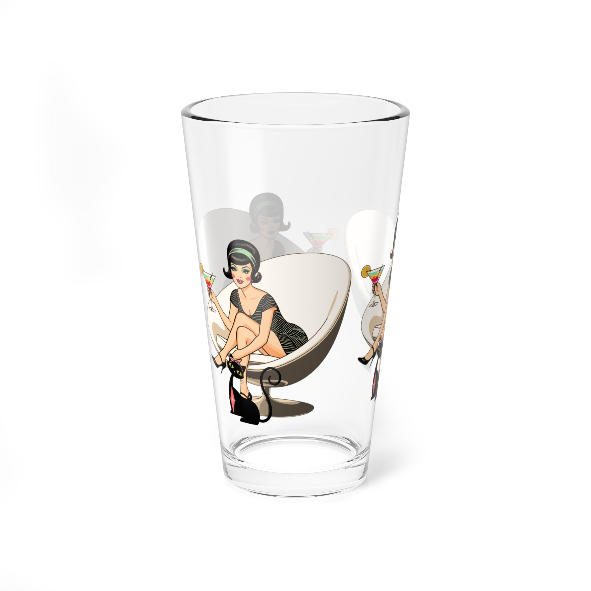 Mid Century Modern Gal, Atomic CatRetro Cocktail Glass - 16oz Stylish Barware with Mid Mod Design - Mid Century Modern Gal