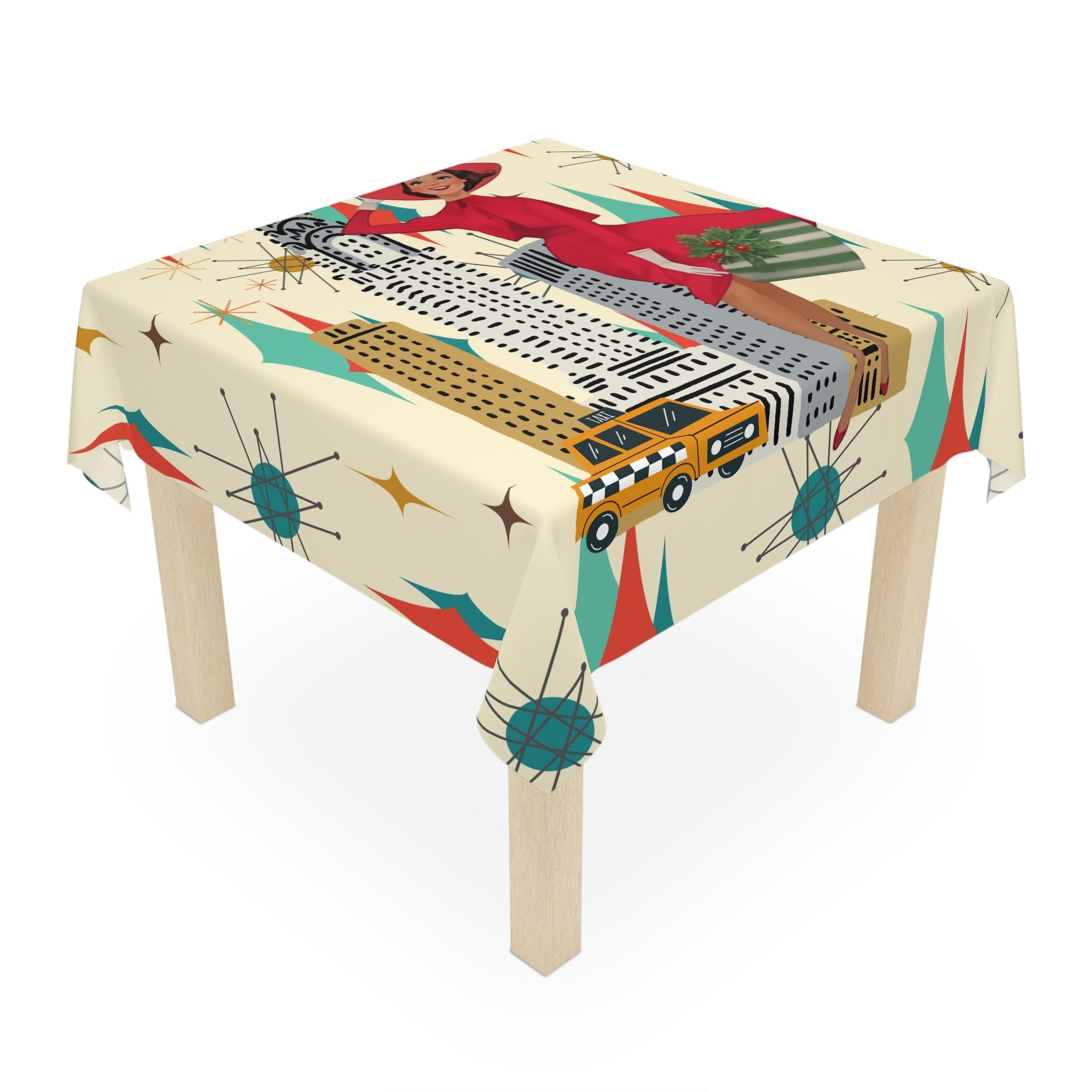 Mid Century Modern Christmas Retro Chic Tablecloth with Vintage New York Design - Mid Century Modern Gal