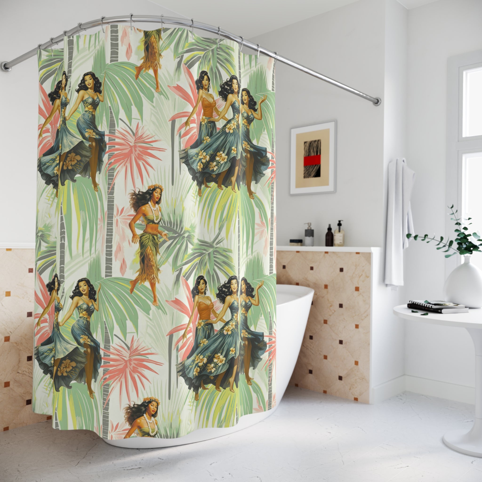 Vintage 1950’s, 60s Hawaiian Polynesian Dancers Mid Century Modern Style Shower Curtain - Mid Century Modern Gal