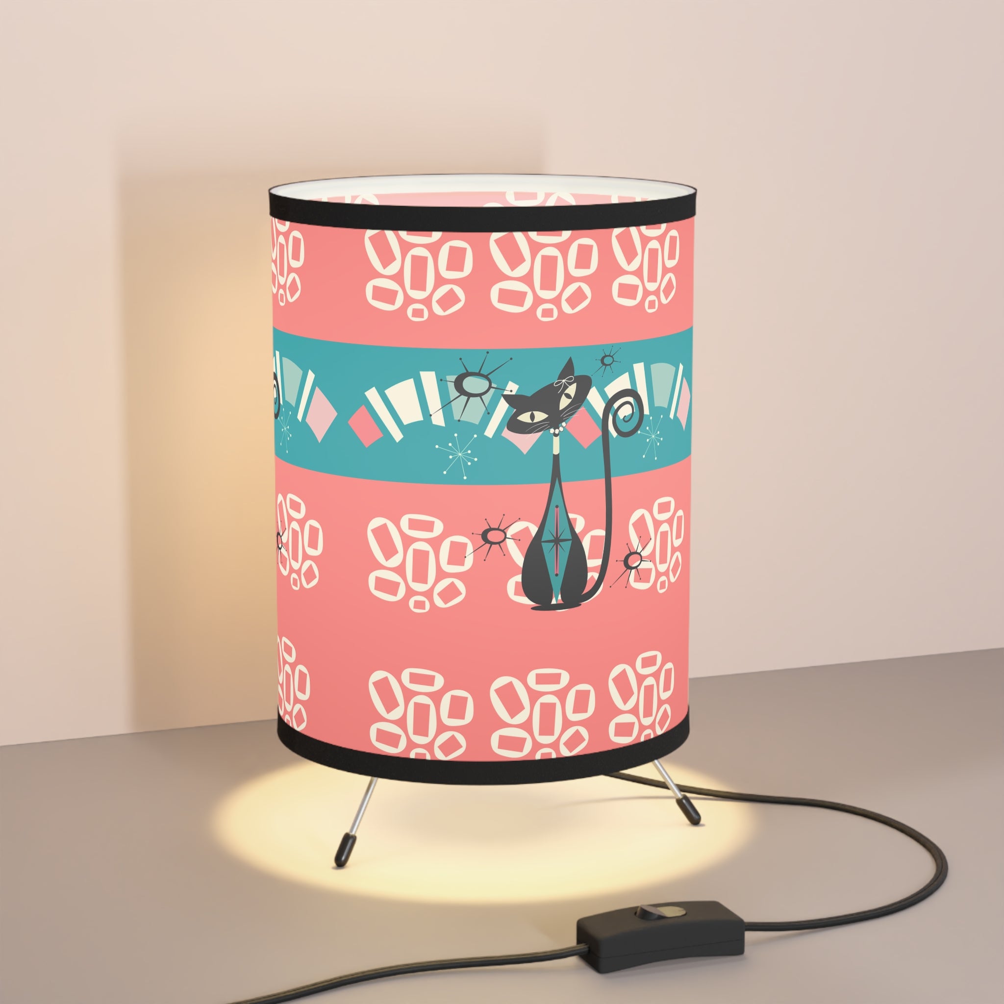 Atomic Cat Kitschy Coral, Teal, Mid Century Modern Tripod Desk, Office, LR, Kitchen Lamp - Mid Century Modern Gal