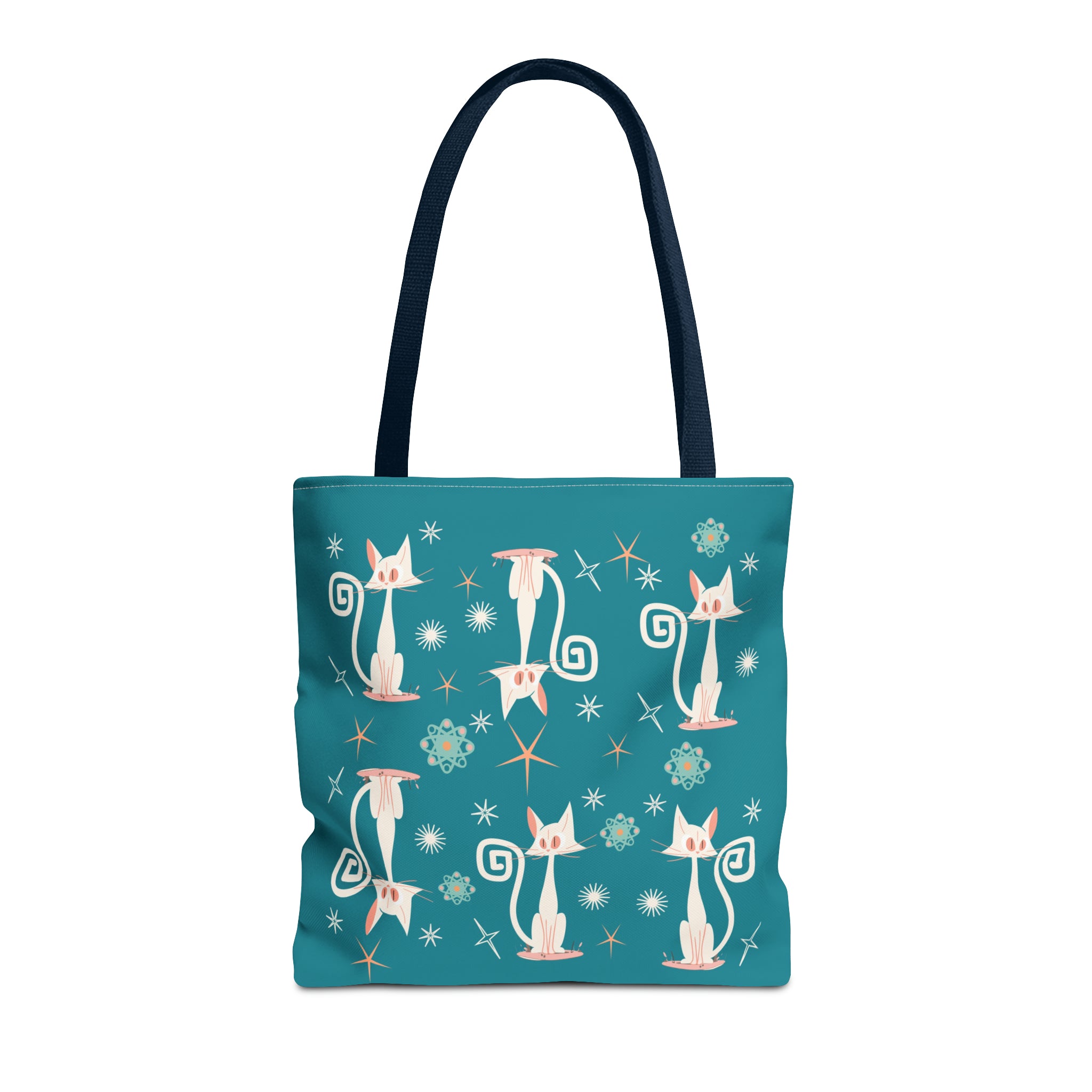 Atomic Kitties, White Kitschy Cats, Coral, Teal, Atomic Age Mid Century Modern Tote Bag - Mid Century Modern Gal