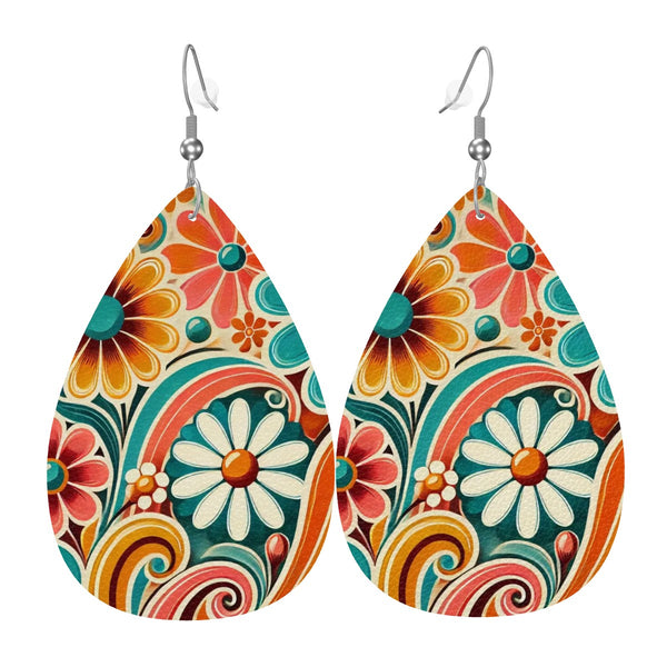70s Retro Flower Power Groovy Mod Vegan Leather Teardrop Earrings