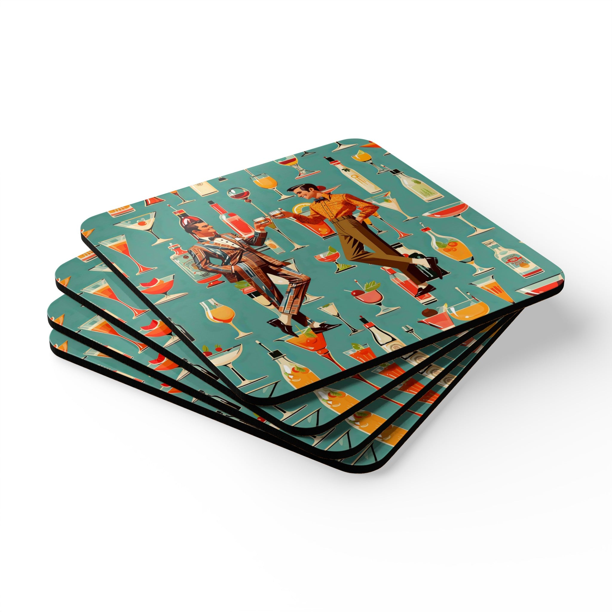 Atomic 50s Cocktail Coasters, Featuring Bourbon Drinking Dapper Males, MCM Style Corkwood Coaster Set - Mid Century Modern Gal