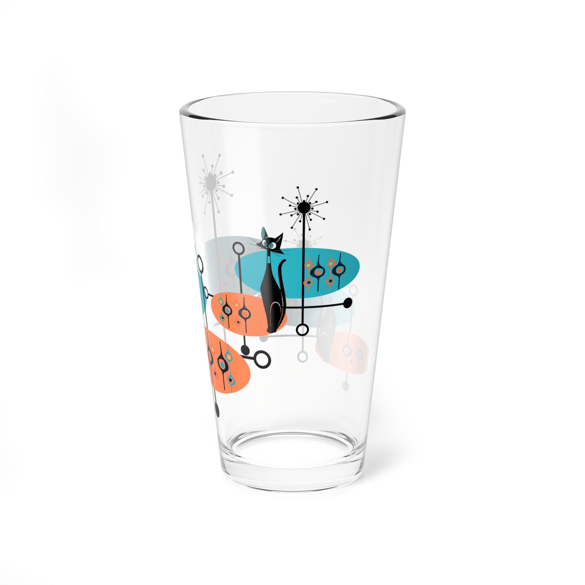 Kitschy Black Atomic Cat Glassware, Linear Lines, Mid Century Modern Barwarem Orange, Teal Sputnik Designed, 50s Cocktail Glass - Mid Century Modern Gal