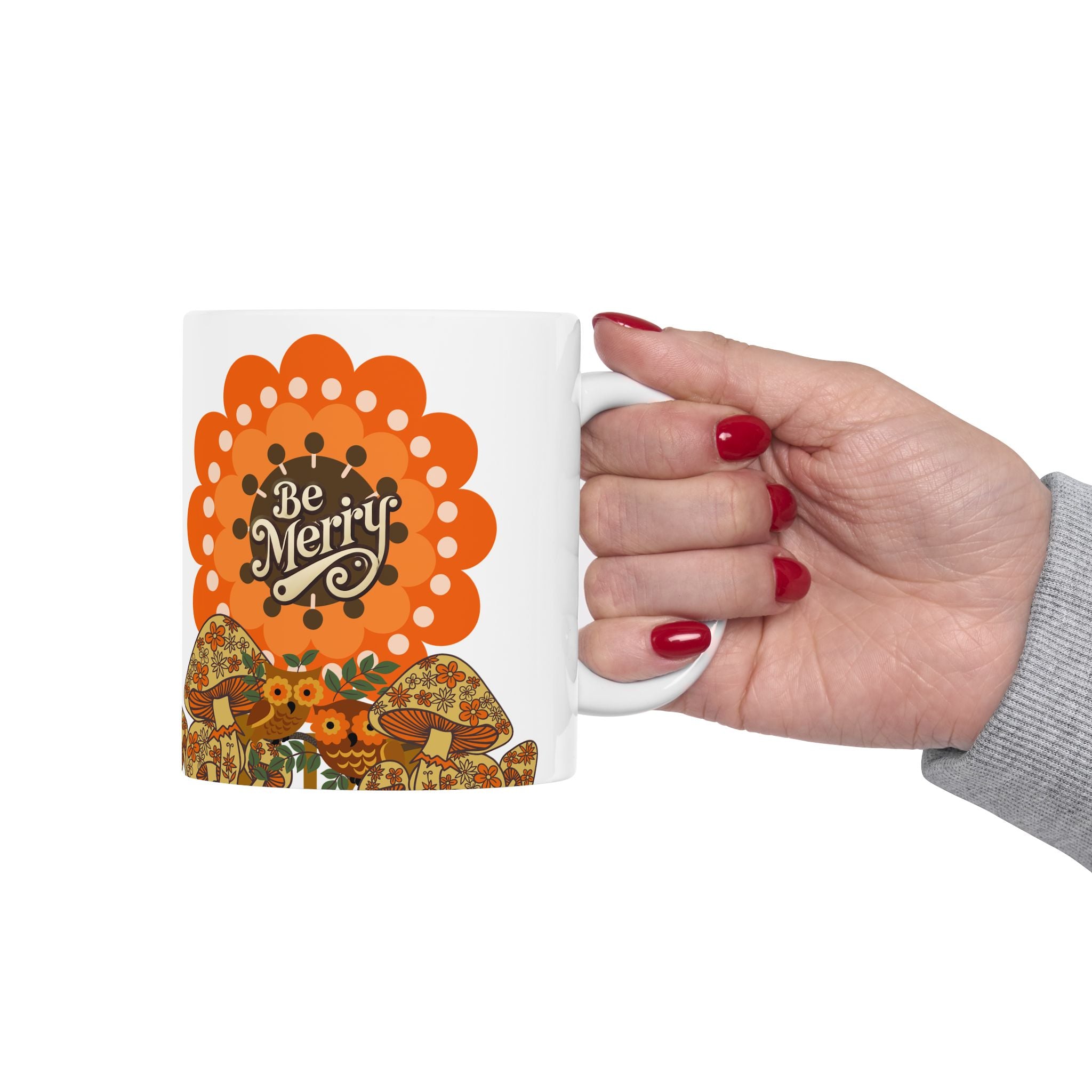 Sears Merry Mushroom, Be Merry 70s Flower Power Groovy Gal Whimsical Floral Ceramic Mug - Mid Century Modern Gal