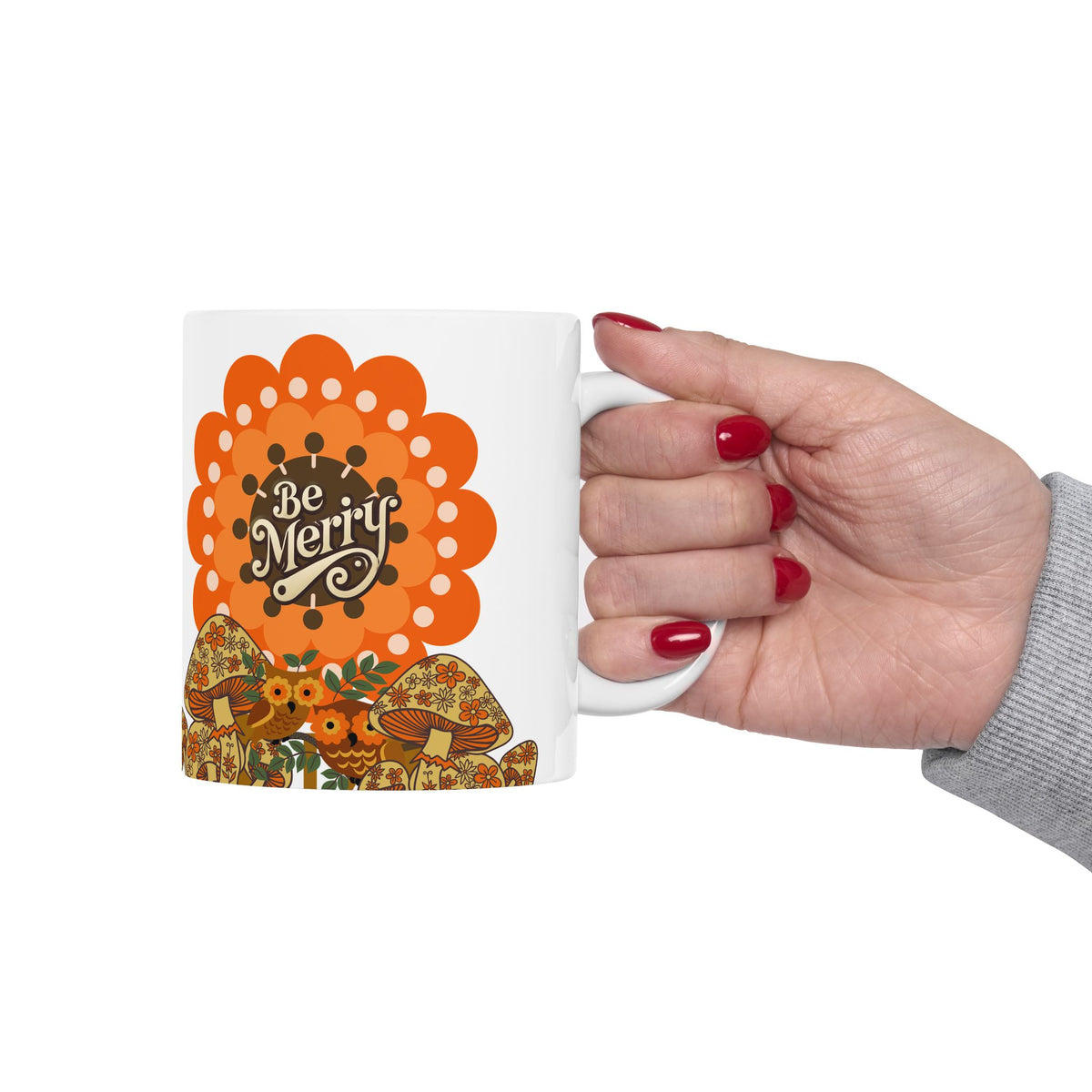 Sears Merry Mushroom, Be Merry 70s Flower Power Groovy Gal Whimsical Floral Ceramic Mug - Mid Century Modern Gal