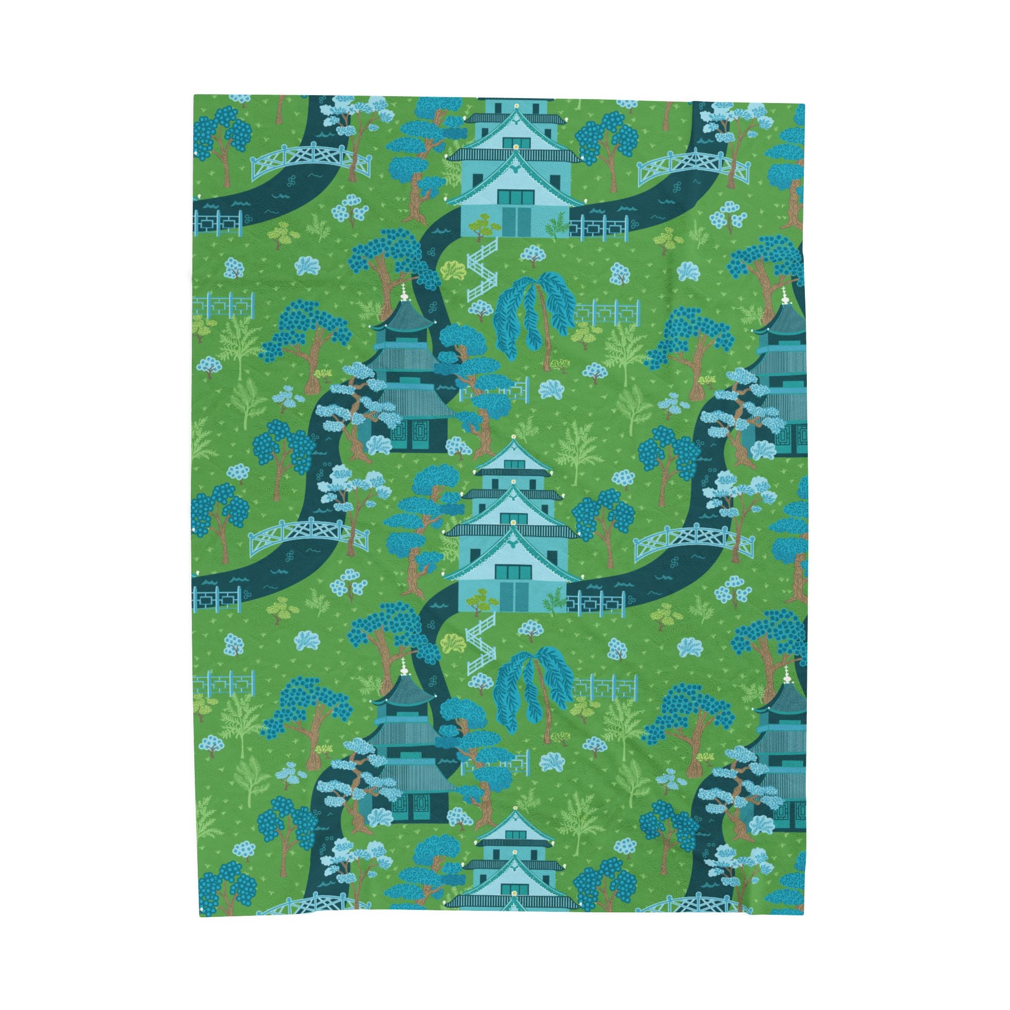Chinoiserie Throw Blanket, Green, Blue Serene Garden Velveteen Plush Blanket - Cozy Floral Design - Mid Century Modern Gal